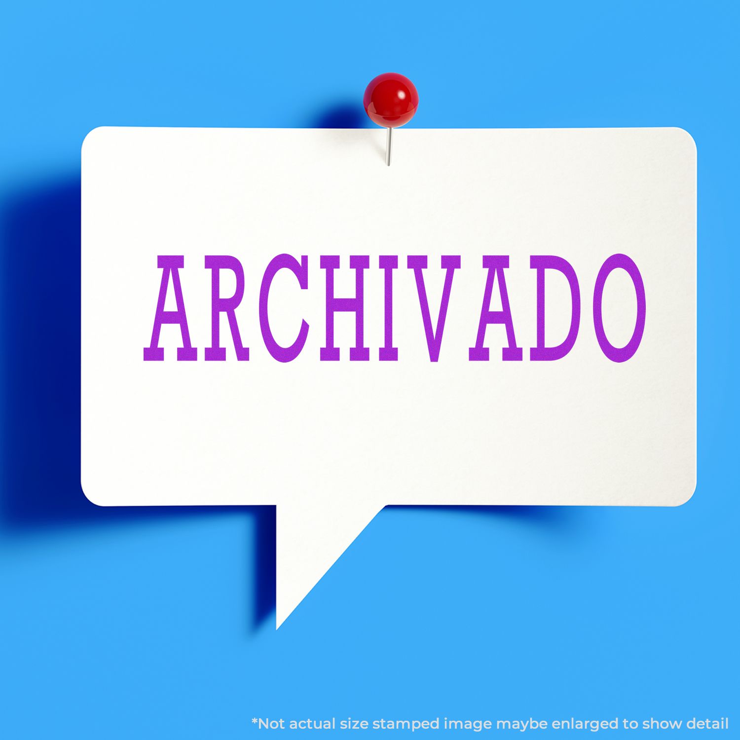 Speech bubble with red pushpin showing ARCHIVADO, representing archived documents and record management on a blue background.
