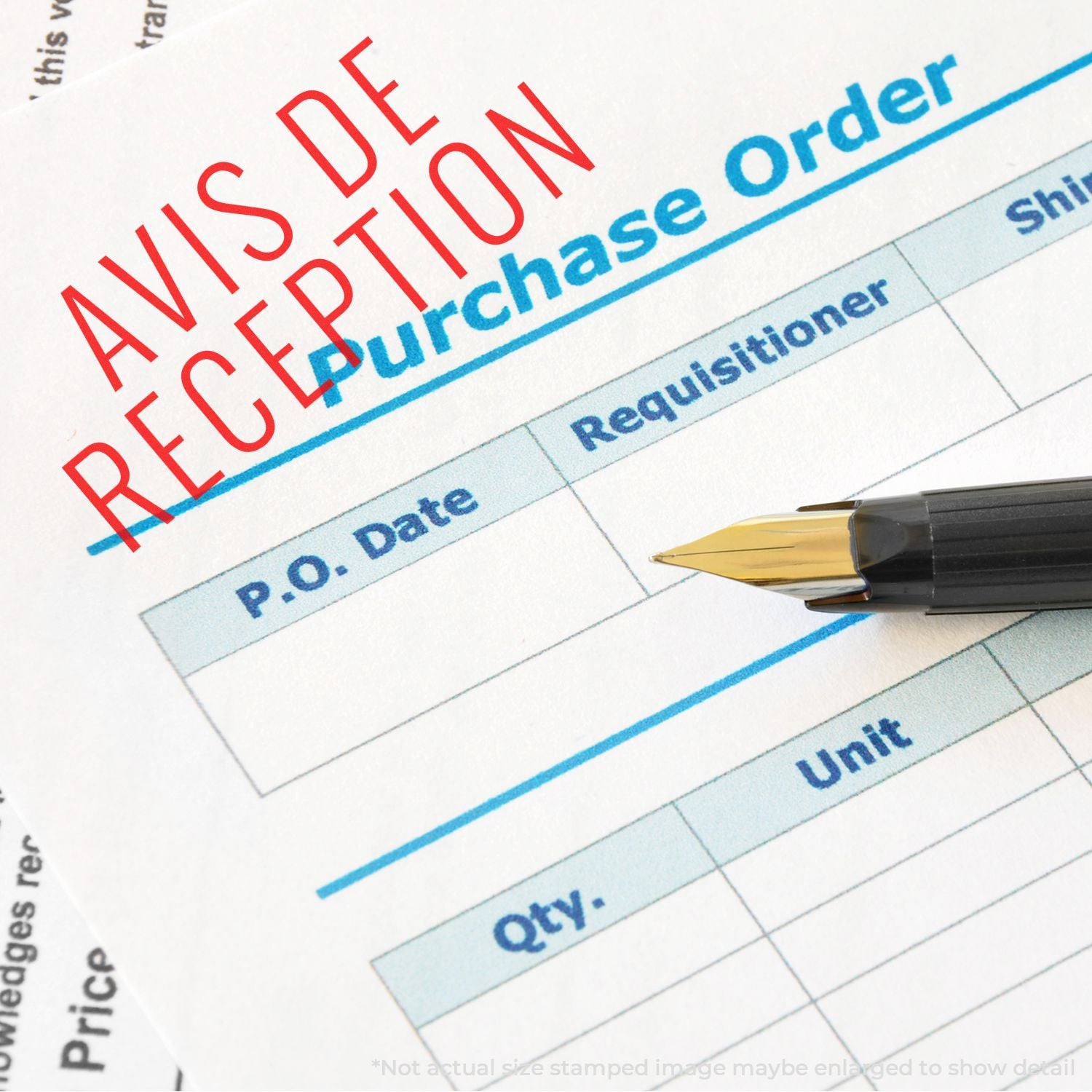 Close-up of purchase order paper with P.O. date and Unit fields highlighted; pencil points to pricing for procurement.