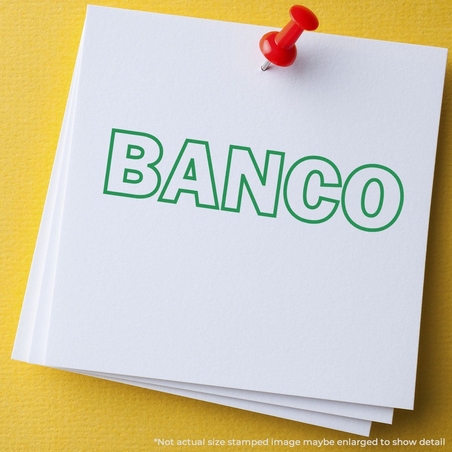 Banco banking stamp on a white pinned note with red pushpin, representing financial services and business.