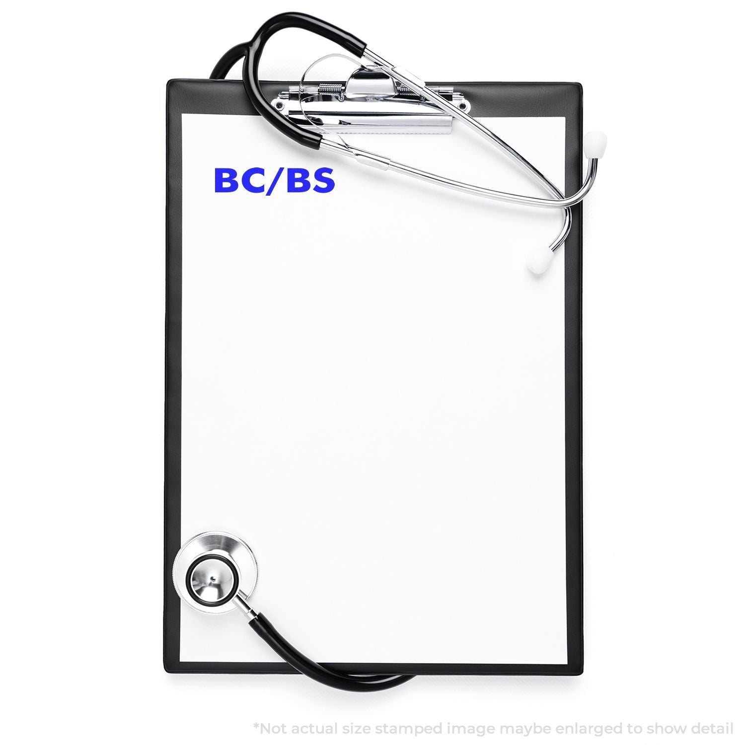Medical insurance concept: clipboard with stethoscope and BC/BS logo indicating Blue Cross Blue Shield coverage information