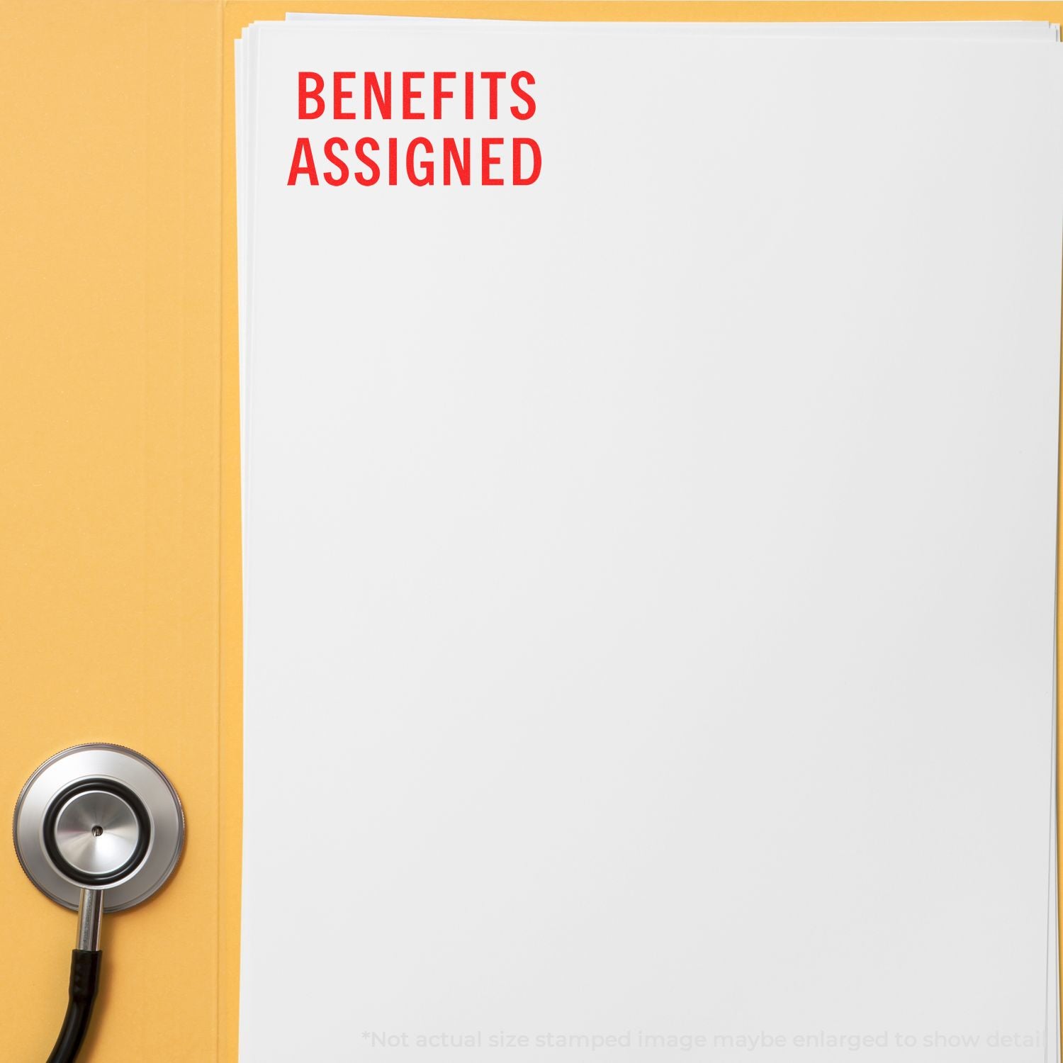 Clipboard page reading Benefits Assigned with stethoscope, illustrating employee health benefits enrollment and assignment.