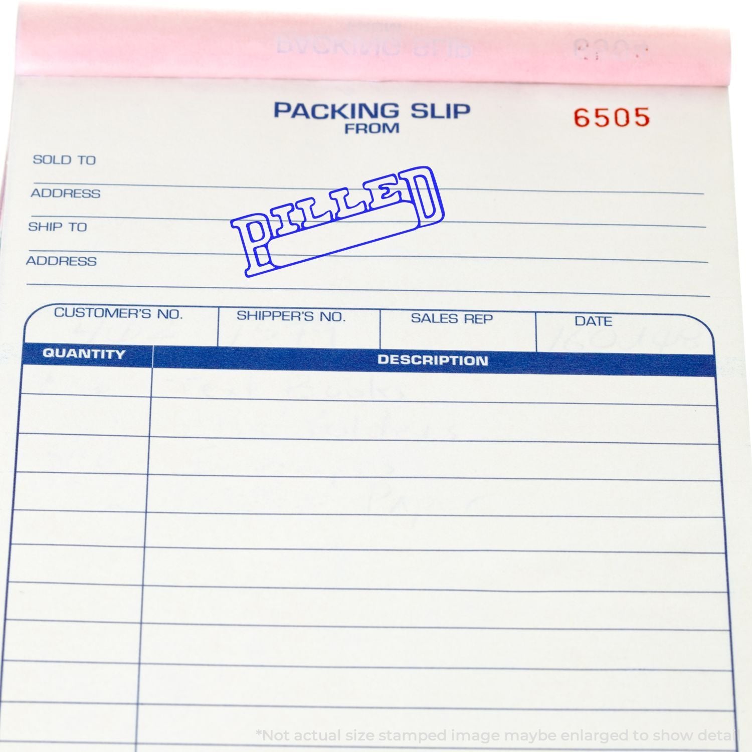 Blank packing slip form template with blue sections, pink top sheet, and diagonal BILLED stamp, used for shipping and order processing.