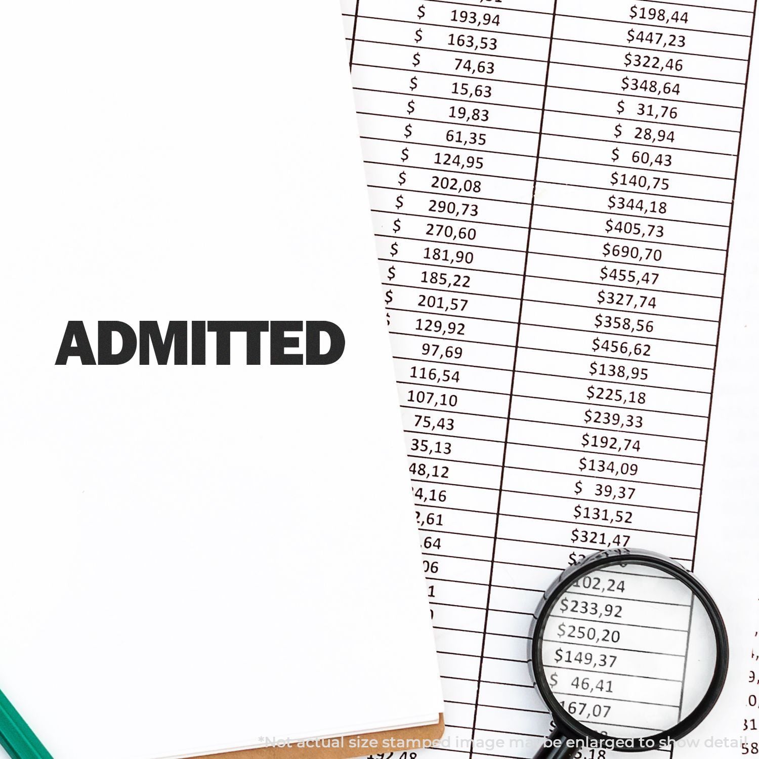 Magnifying glass on audited financial spreadsheet with dollar figures and ADMITTED, showing expense verification and accounting totals