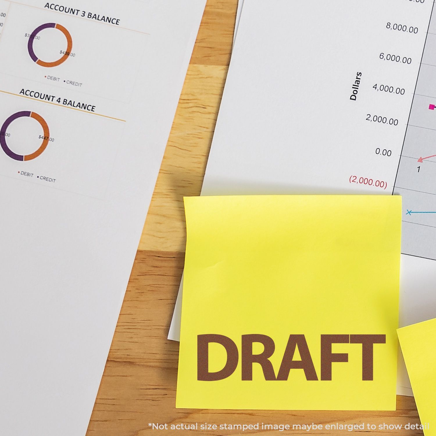 Draft financial report sticky note over budgeting and accounting account balance charts with debit/credit totals in dollars.