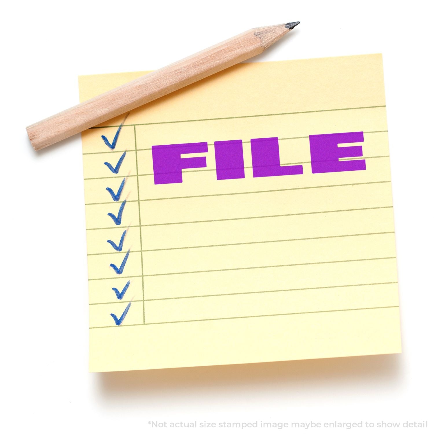 Sticky note with checklist checkmarks and pencil, showing the word FILE to emphasize file organization and productivity.