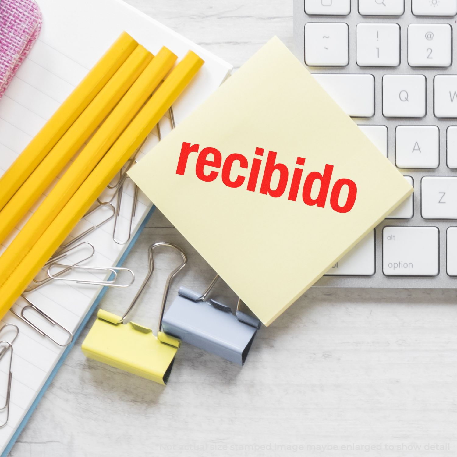 Recibo document template with pens, notebooks, and office supplies, suggesting payment records and accounting for business finance.