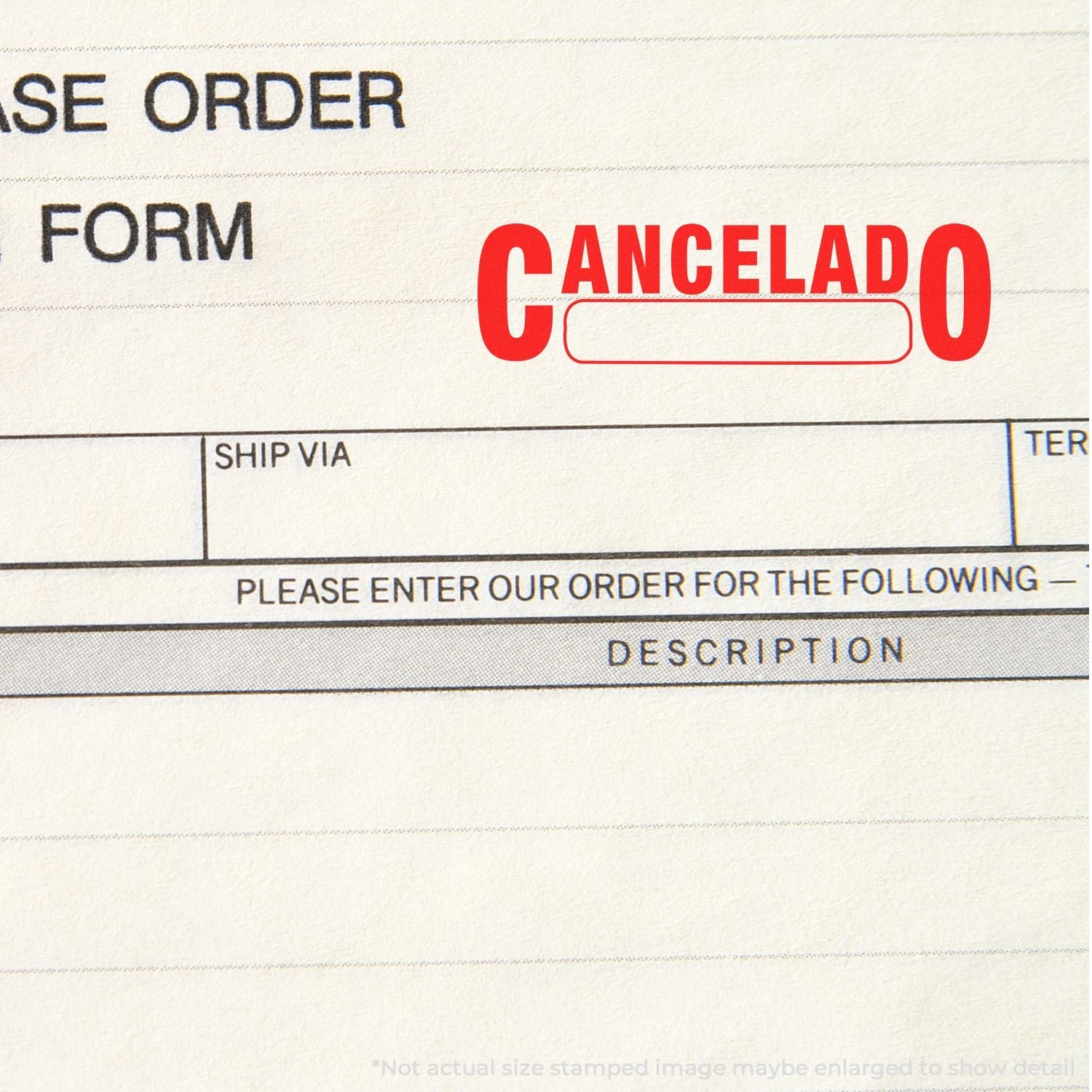 Close-up of a canceled purchase order form with red CANCELADO stamp on paperwork.