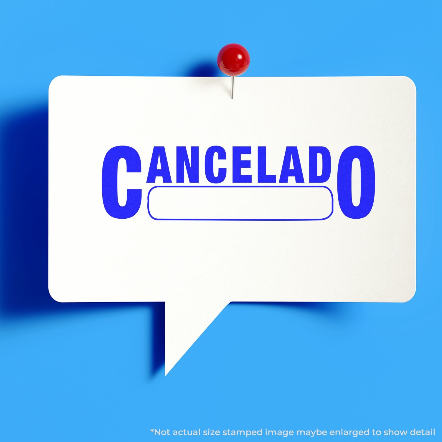 CANCELADO status message in speech bubble with red pin icon, indicating a canceled appointment, order, or request.