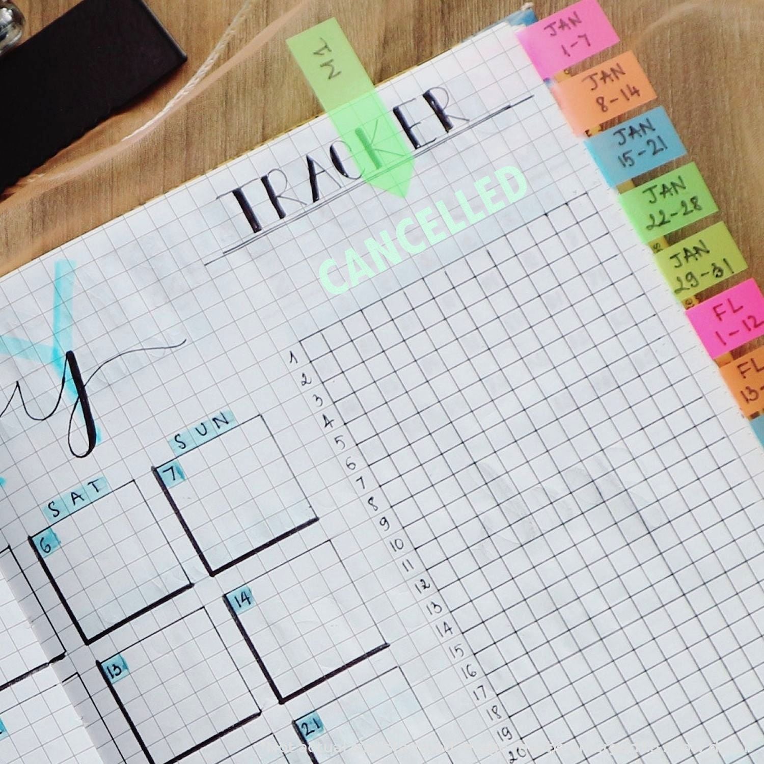 Handwritten calendar plan on graph paper with CANCELLED marked, showing January and February date ranges on sticky tabs.