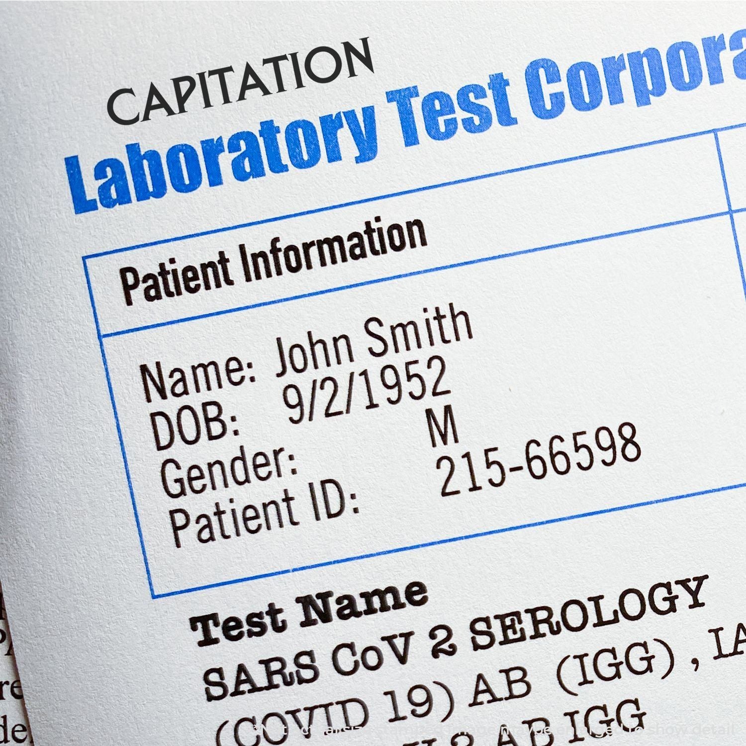 Healthcare insurance capitation worksheetpatient information for billing: John Smith, DOB 9/2/1952, male, patient ID 215-6598.