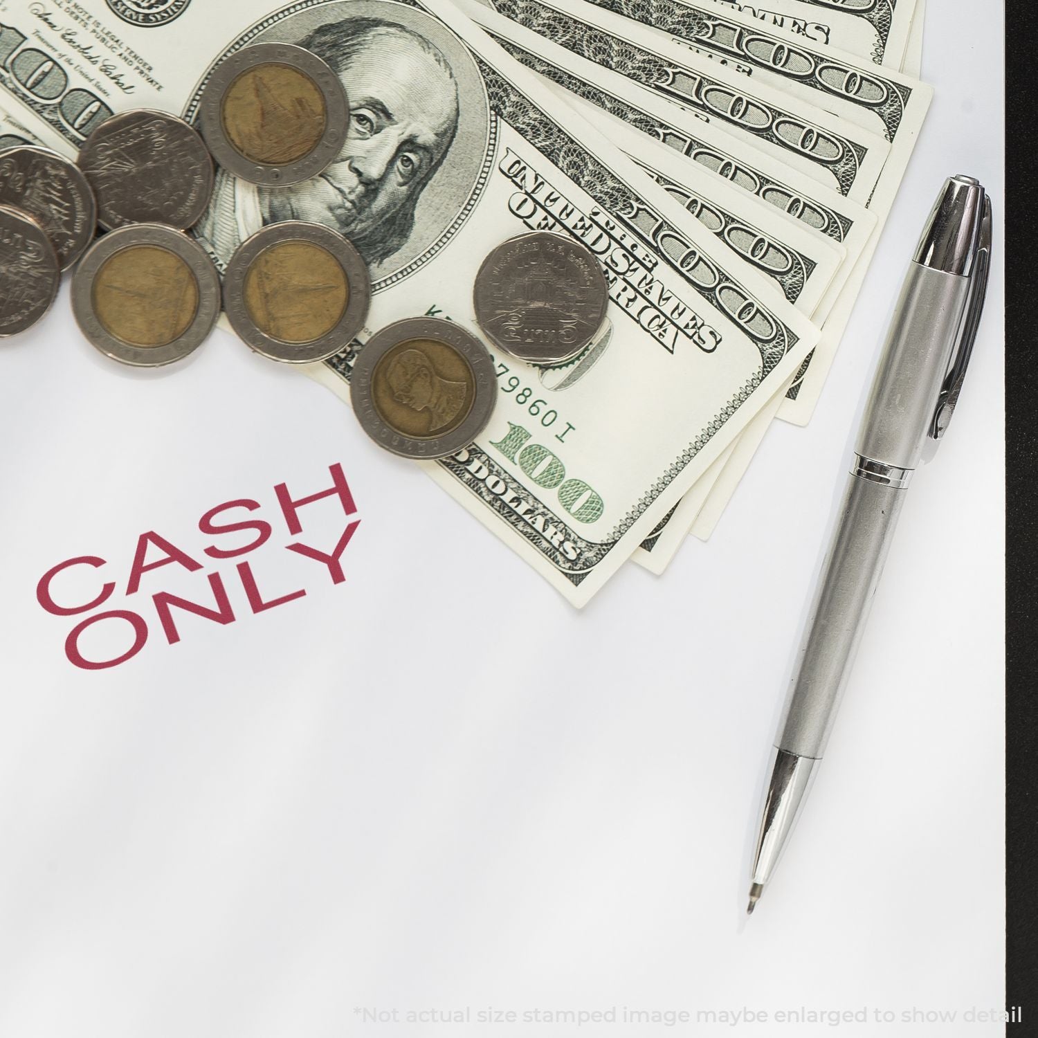 Cash only payment concept with US dollar bills, coins, and a pen stamped CASH ONLY on white background