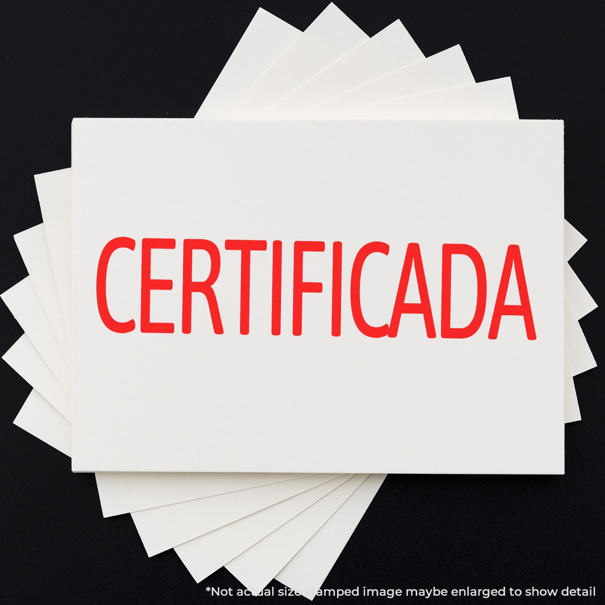 Stacked white certificate cards with red text CERTIFICADA on black background, indicating verified certification.