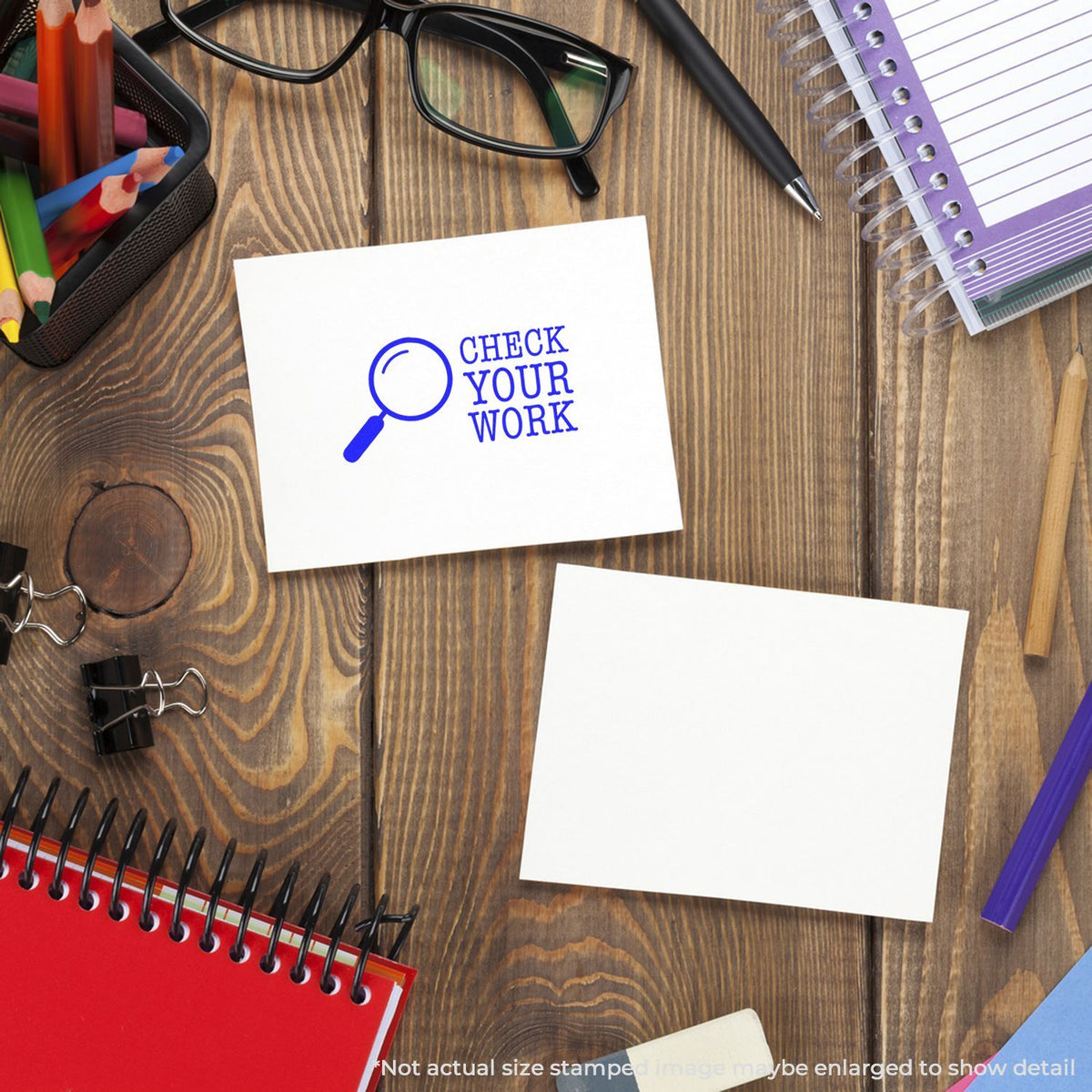 Check your work message on desk with glasses, pen, pencils and notebookseducation and proofreading reminder for students and professionals