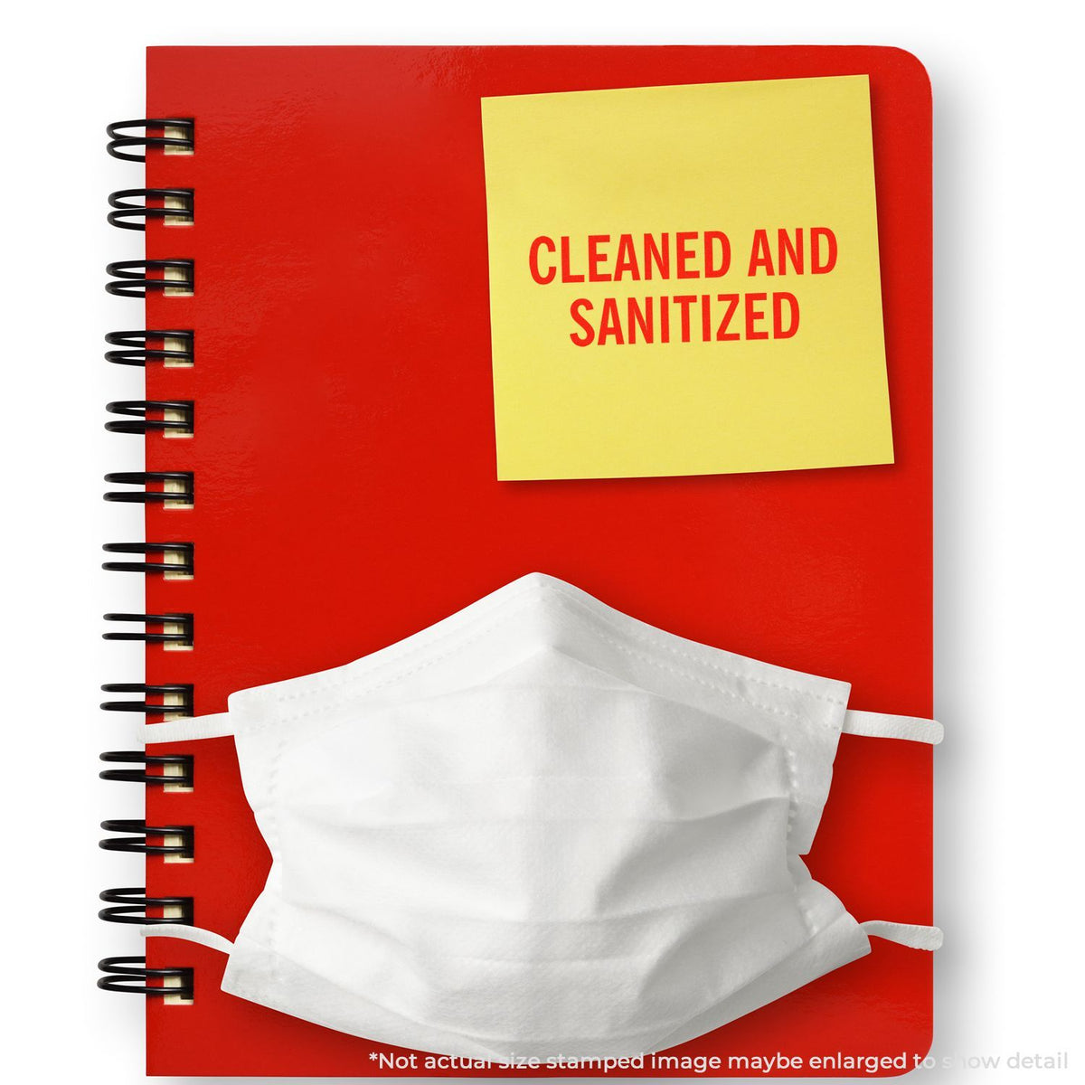 Red notebook with face mask and Cleaned and Sanitized label, reminding healthcare cleaning and sanitation compliance.
