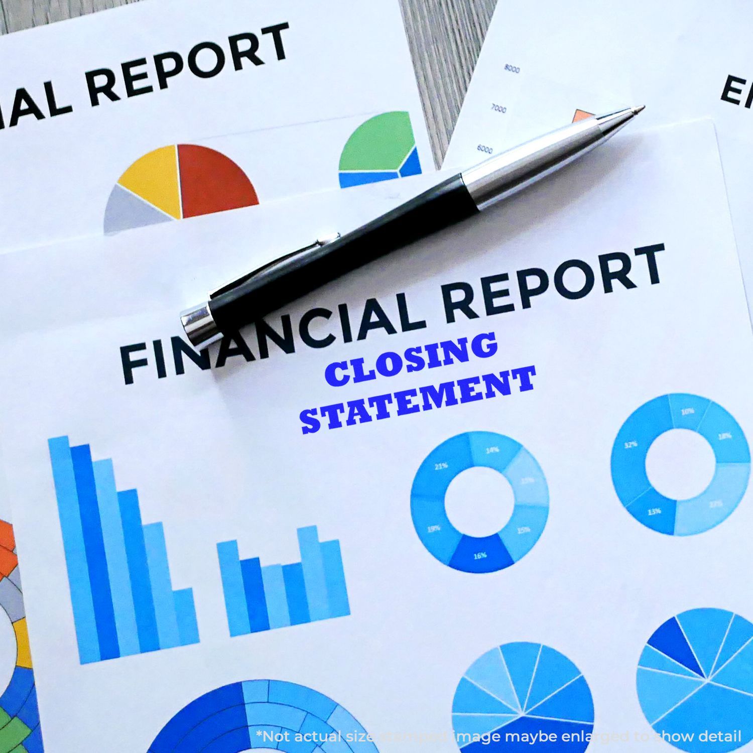 Financial report and closing statement with business charts and a pen on top, representing accounting, finance, and data analysis.