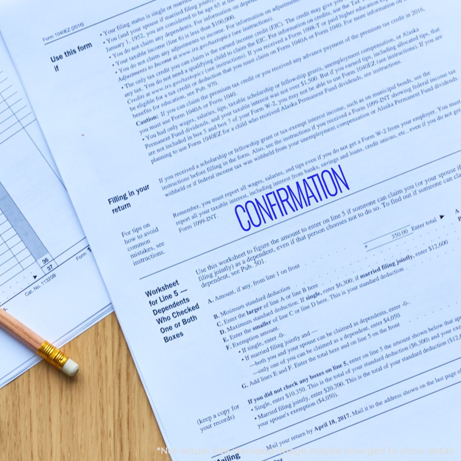 Tax form page with Confirmation stamp, emphasizing IRS filing instructions and dependent worksheet for accurate income tax reporting.