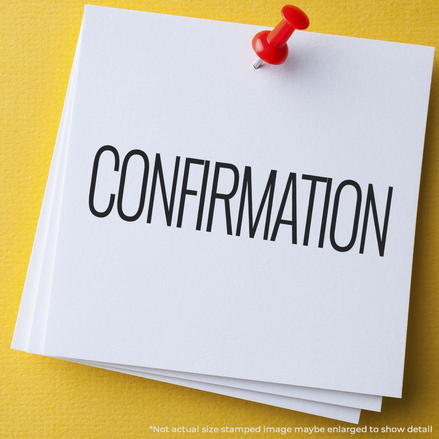 White confirmation document pinned with red pushpin on yellow background, business notice concept.
