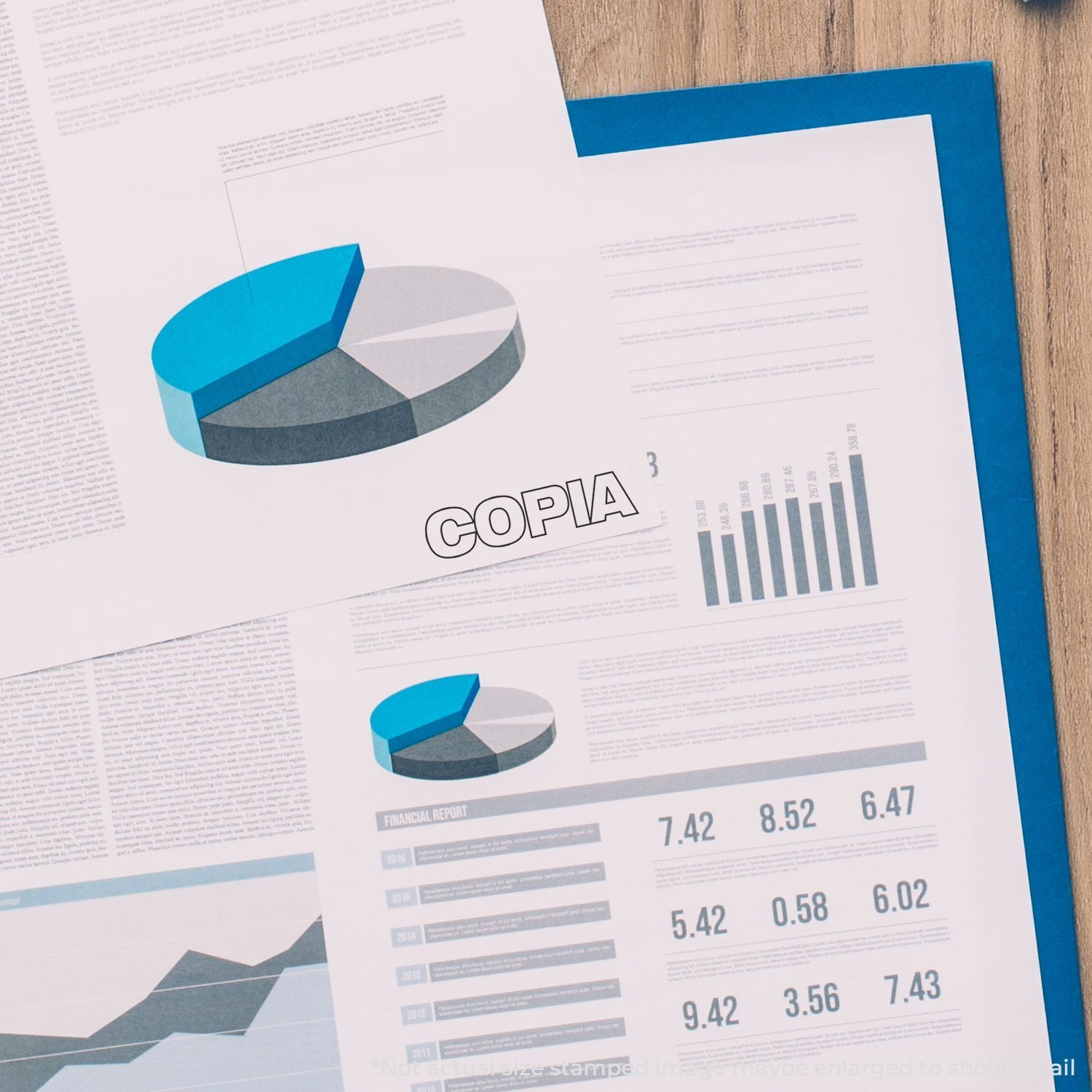 Financial report infographic with pie and bar charts, presenting business performance data on a copy of company documents.