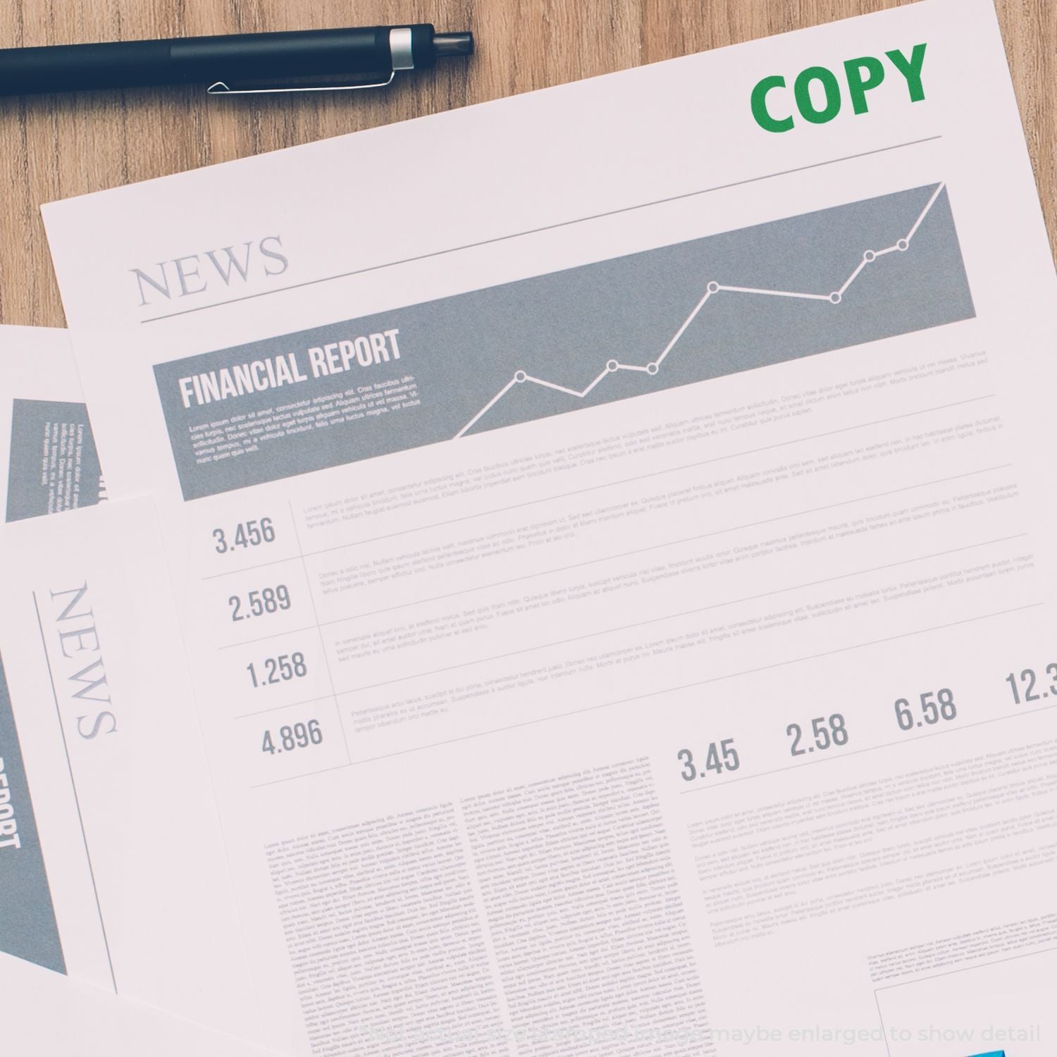 Copy of financial report with upward line chart, numbers, and pen on deskbusiness finance data visualization for investors.
