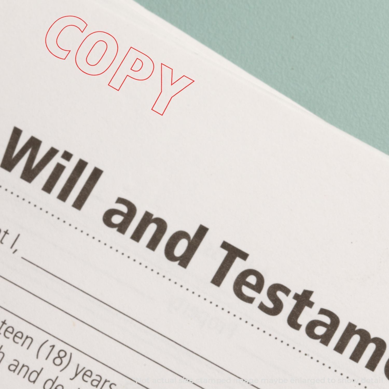 Close-up of a copy of a will and testament document with the word COPY highlighted in red.