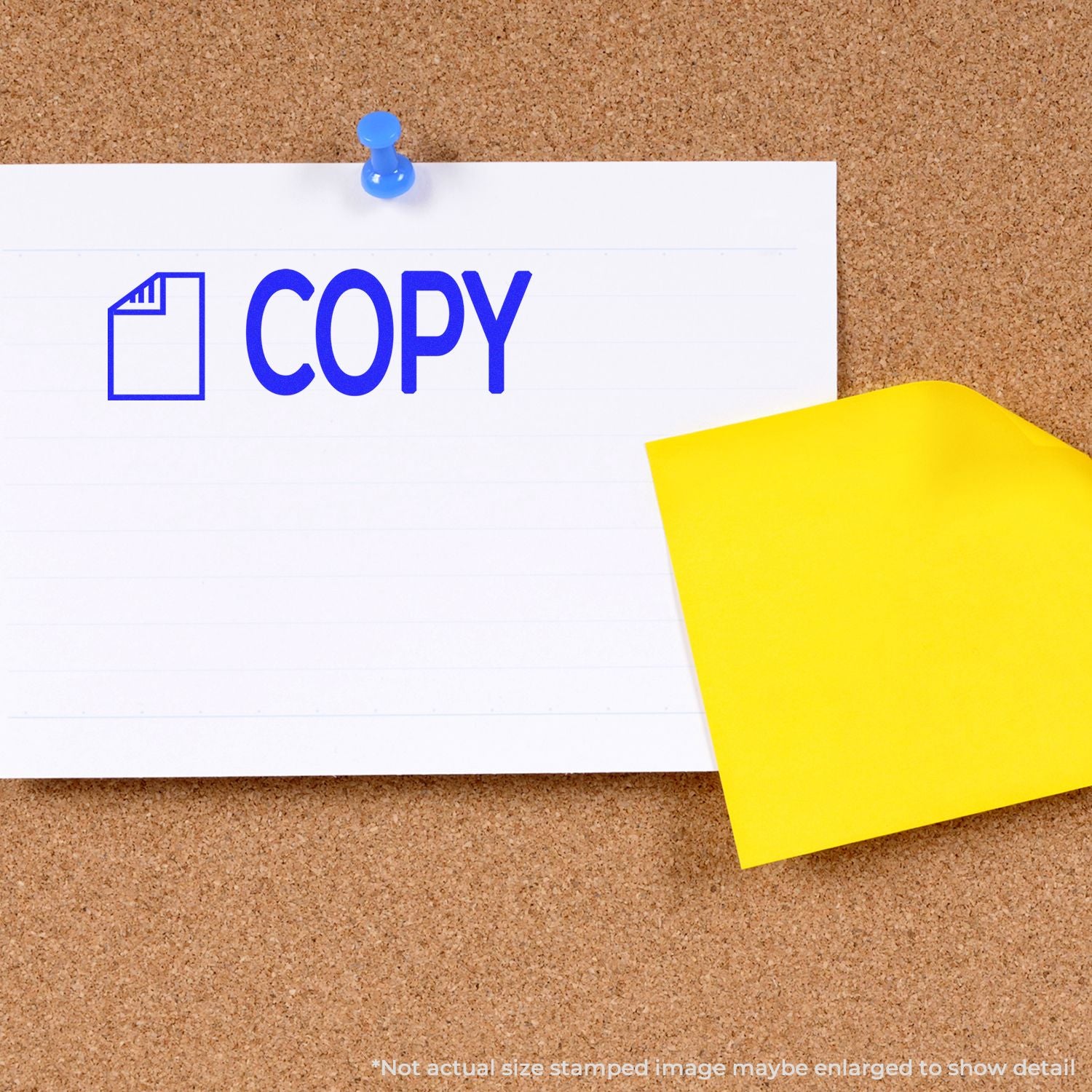 Copy document icon on a pinned white note with yellow sticky note on cork bulletin board.