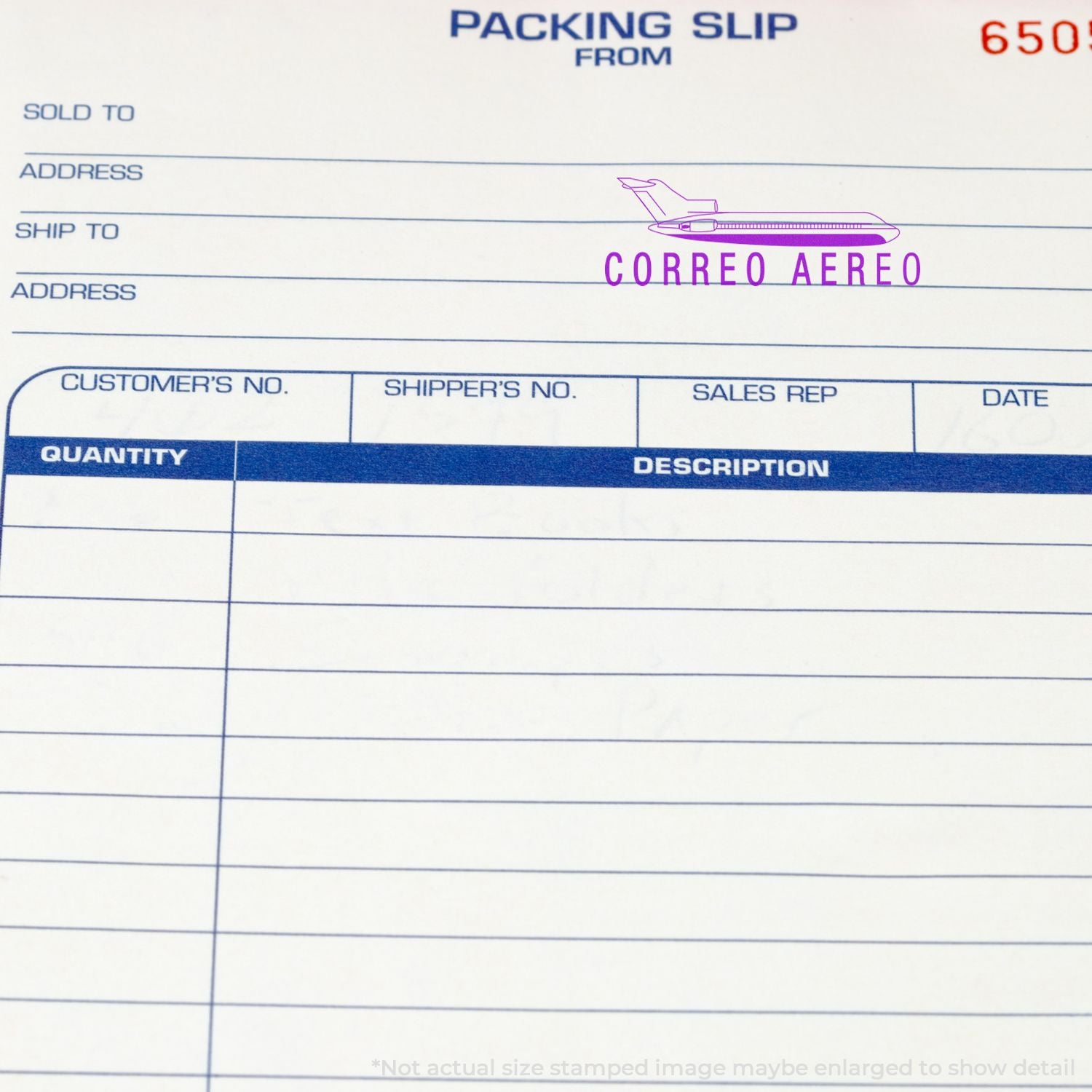 Packing slip form with Sold To, Ship To, address and shipment fields for Correo Aereo shipping documentation