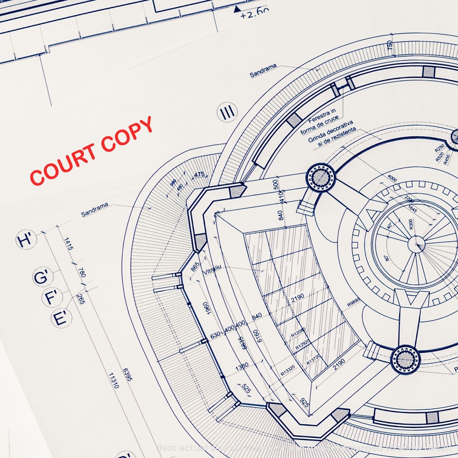 Architectural blueprint marked COURT COPY with engineering structural measurements, arcs, and reinforcement layout for construction planning.
