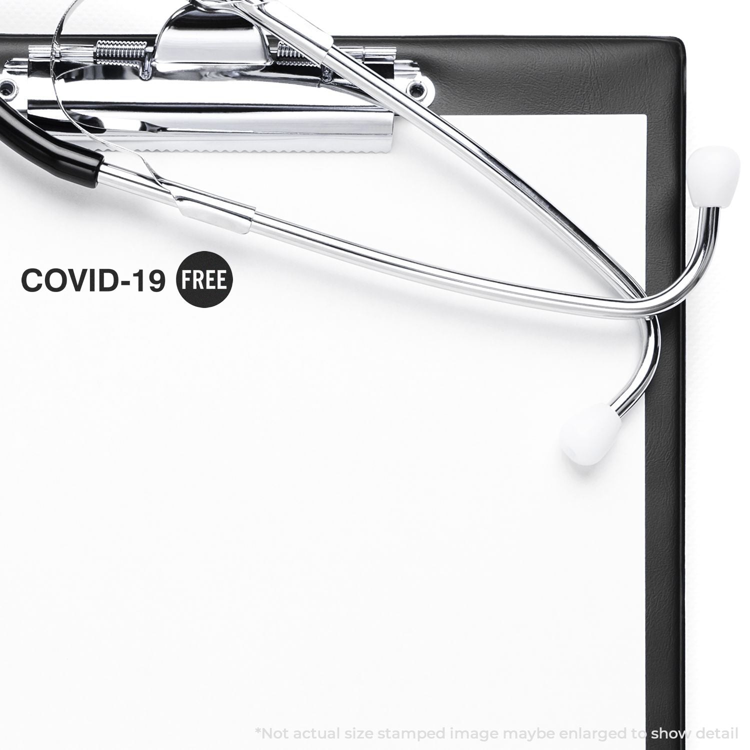Stethoscope on medical clipboard with COVID-19 Free badge, highlighting virus testing and preventive healthcare screening.
