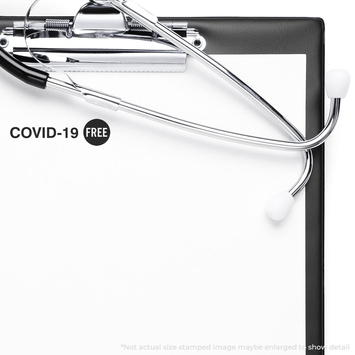 Stethoscope and medical clipboard with COVID-19 Free label, symbolizing safe health screening and telehealth services online today.