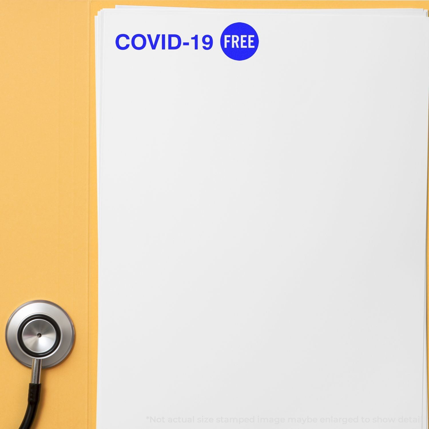 COVID-19 free healthcare flyer on clipboard with stethoscope, promoting no-cost COVID-19 testing and resources.