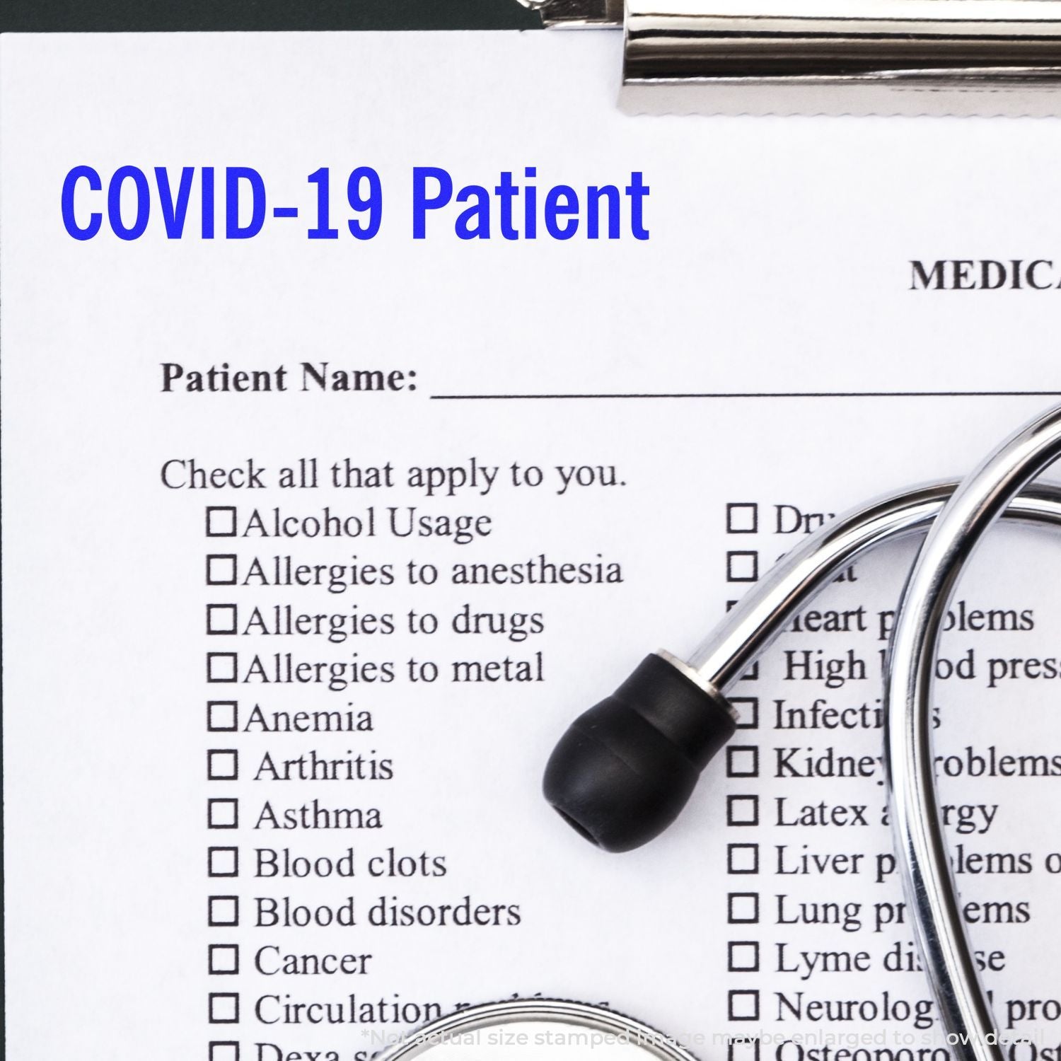COVID-19 patient medical history form with stethoscope on clipboard, healthcare screening document for doctors and clinics