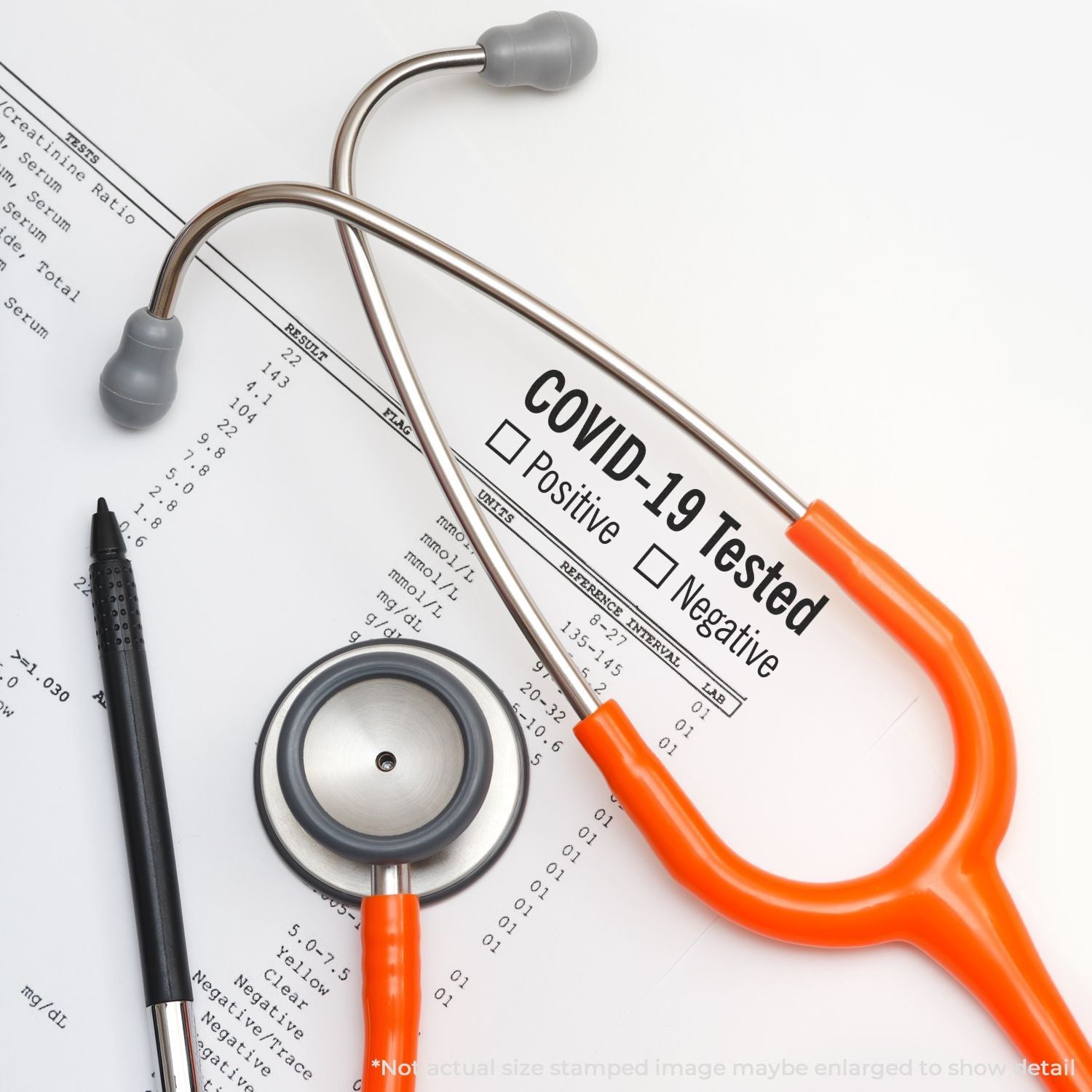Stethoscope over COVID-19 positive medical lab report, representing health screening and diagnostic testing for coronavirus infection.