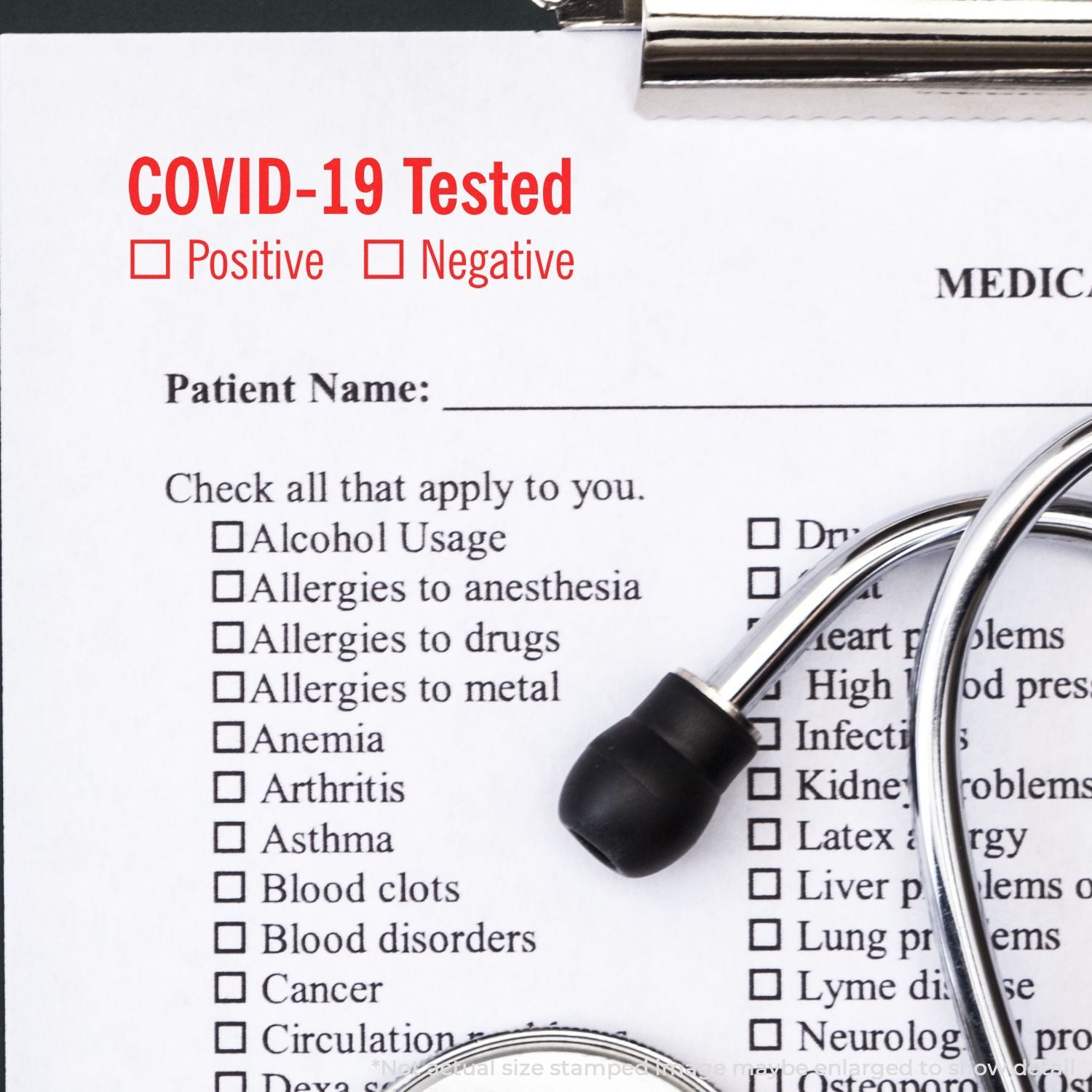 COVID-19 tested medical form with positive/negative checkboxes and patient health checklist beside stethoscope for screening