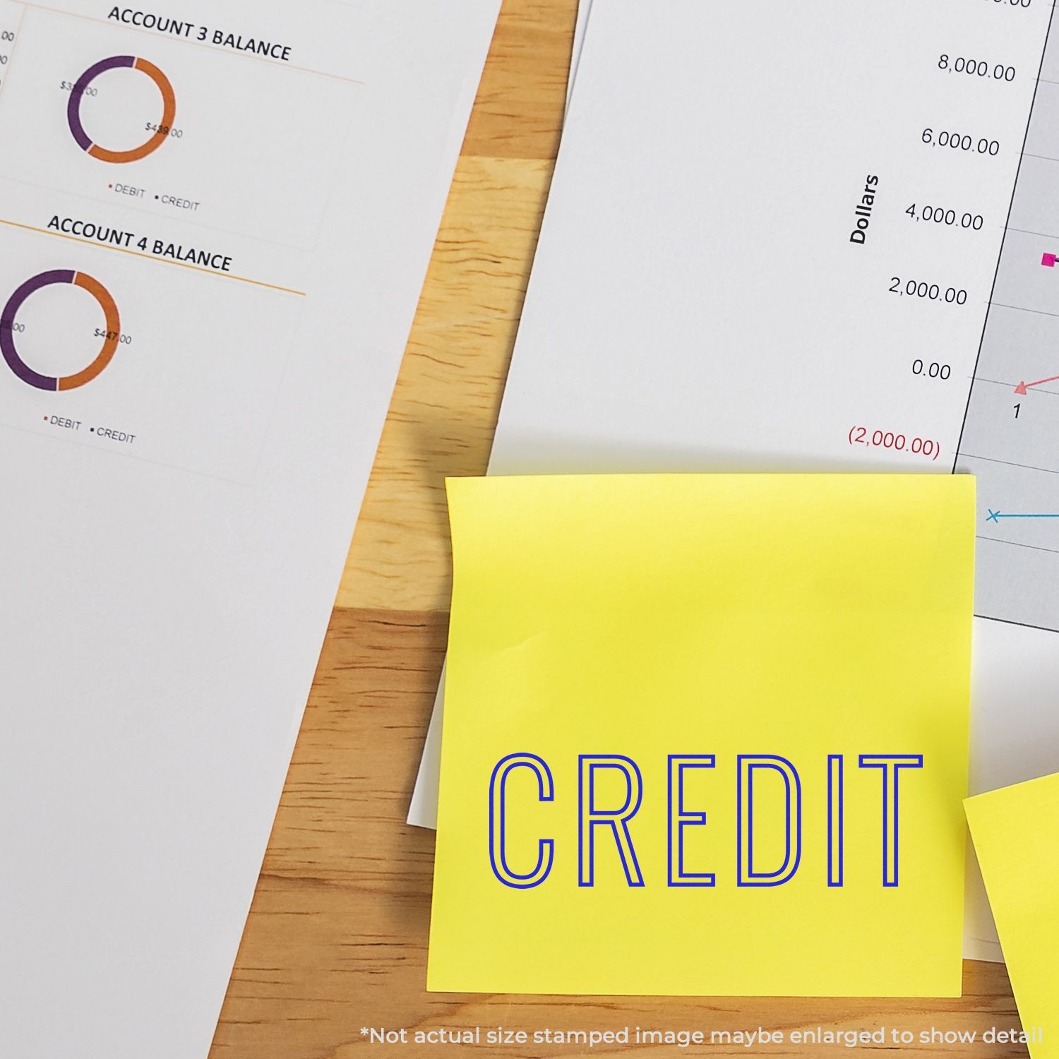 Accounting document with credit balance charts and a yellow sticky note reading CREDIT, showing financial amounts in dollars.