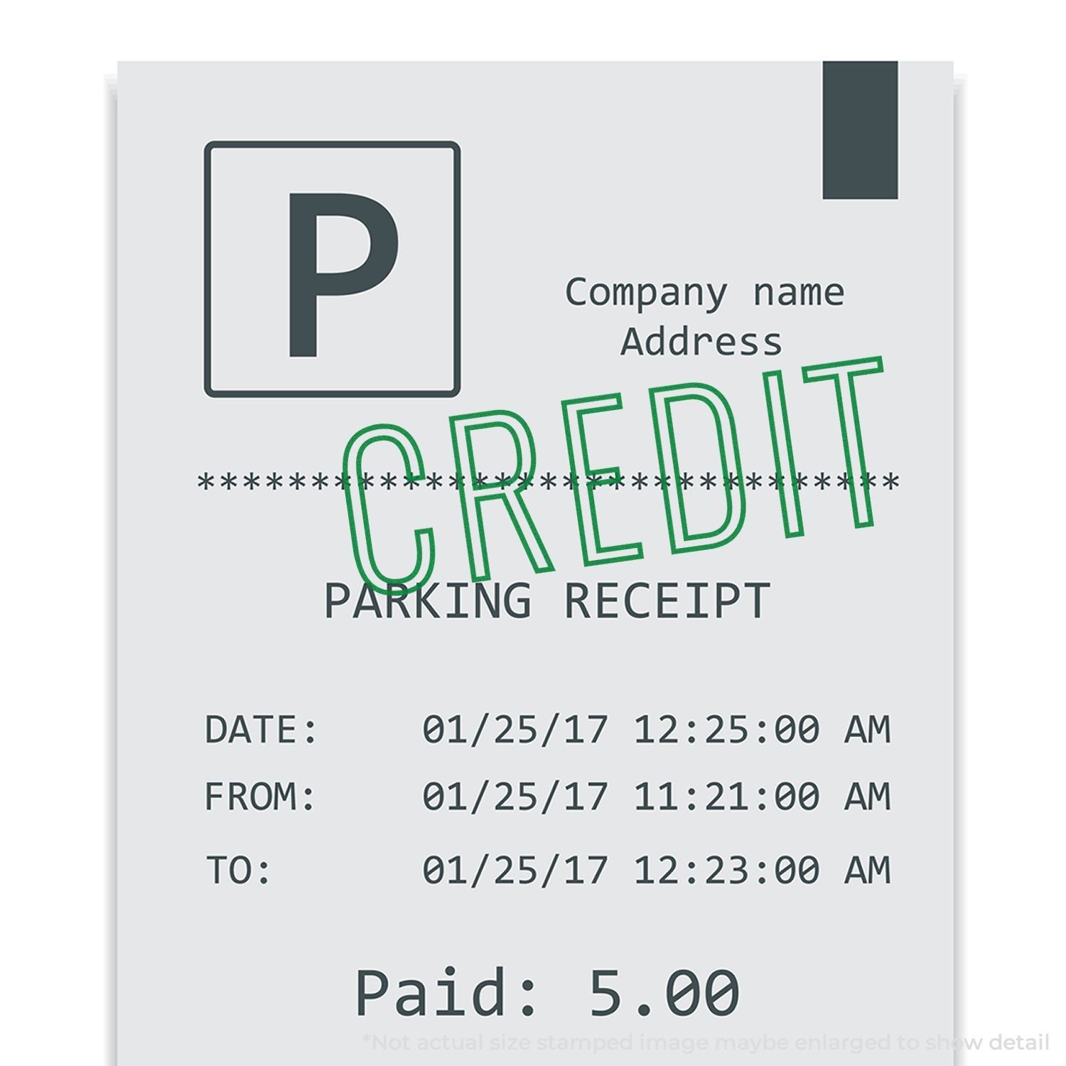 Parking receipt template showing date/time, company details, and paid $5.00 amount as proof of payment for parking.