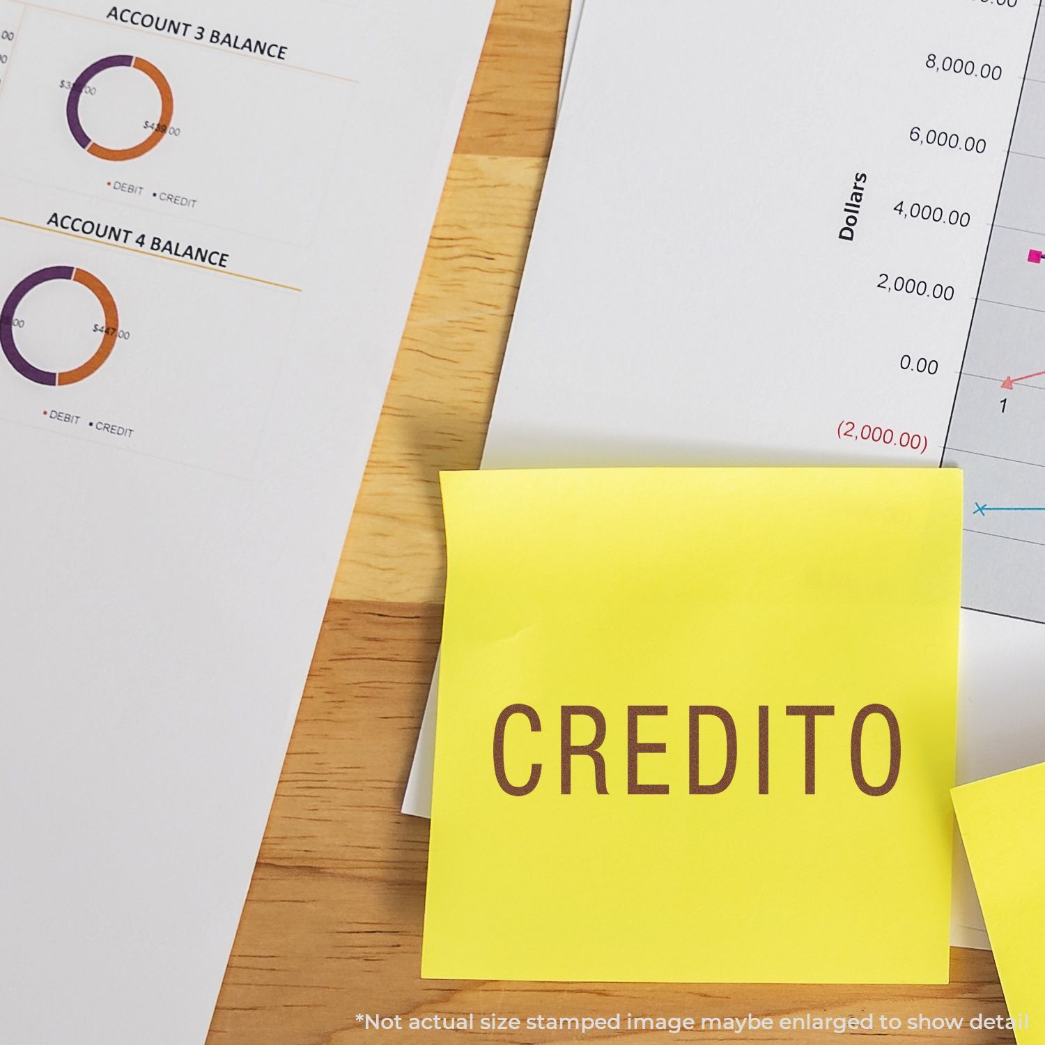 Finance budget spreadsheet with accounting account balance charts and amounts, plus yellow sticky note reading CREDIT for credit accounting.