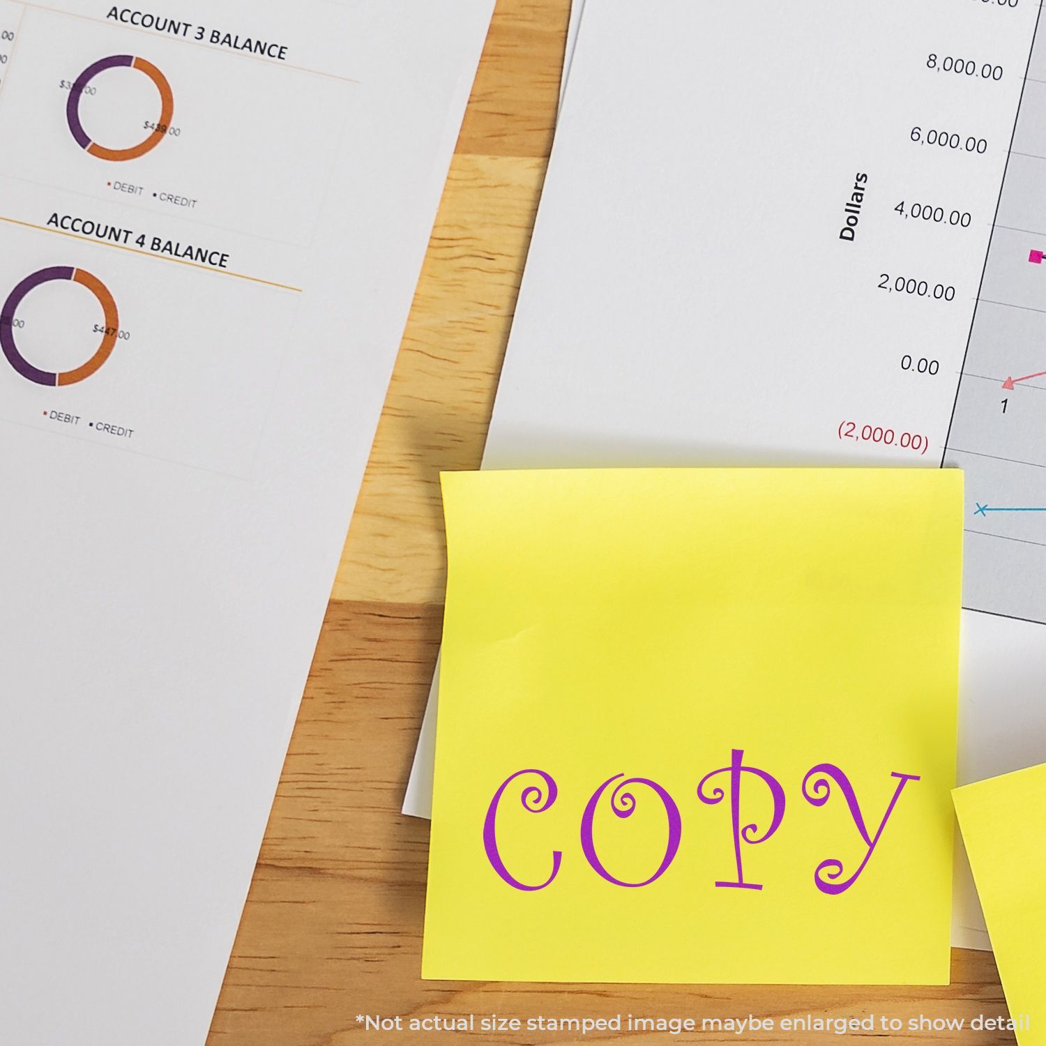 Yellow sticky note reading Copy placed over accounting balance charts and dollars scale for budgeting and finance management