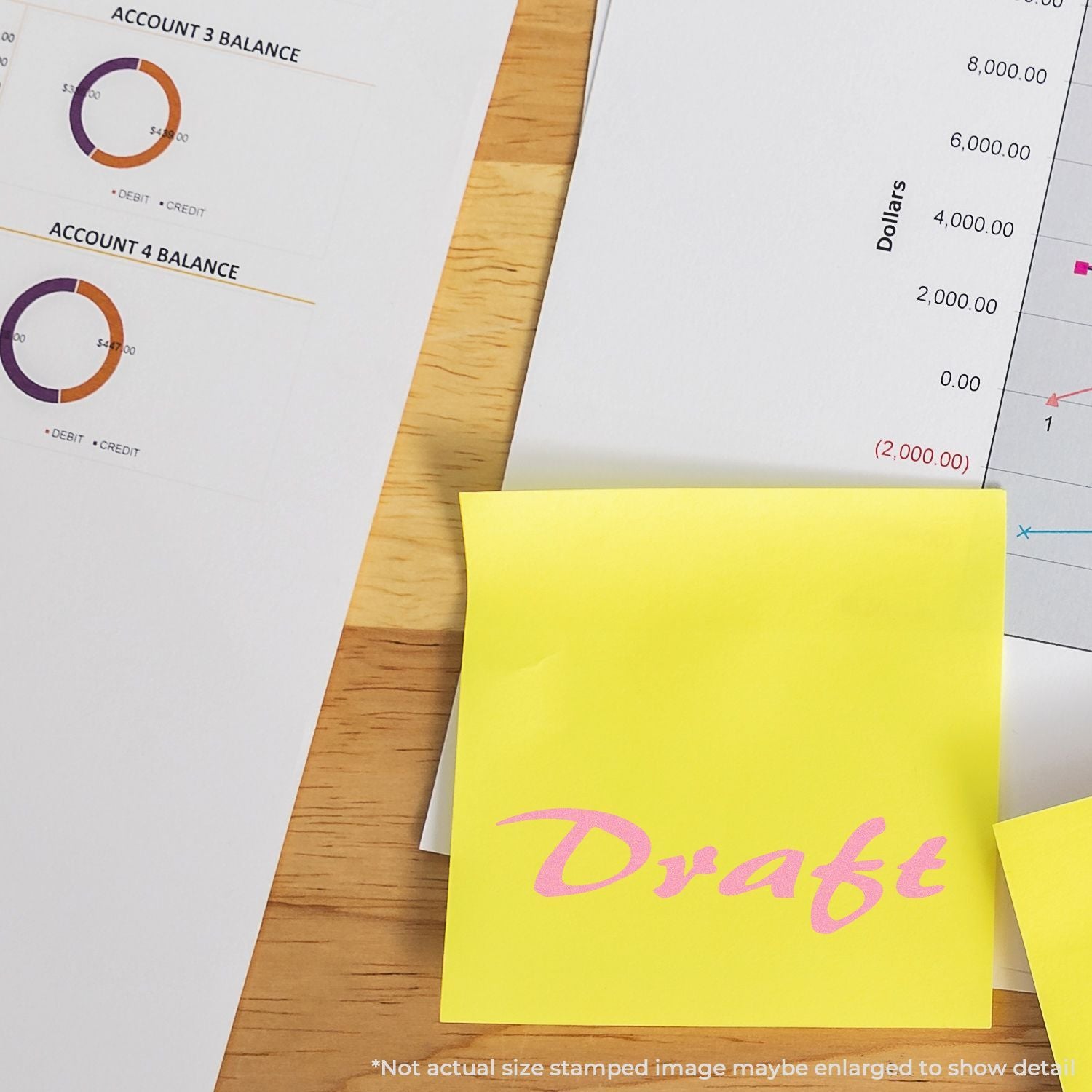 Budget and accounting report showing account balances in dollars, with yellow sticky note for draft review and reconciliation.