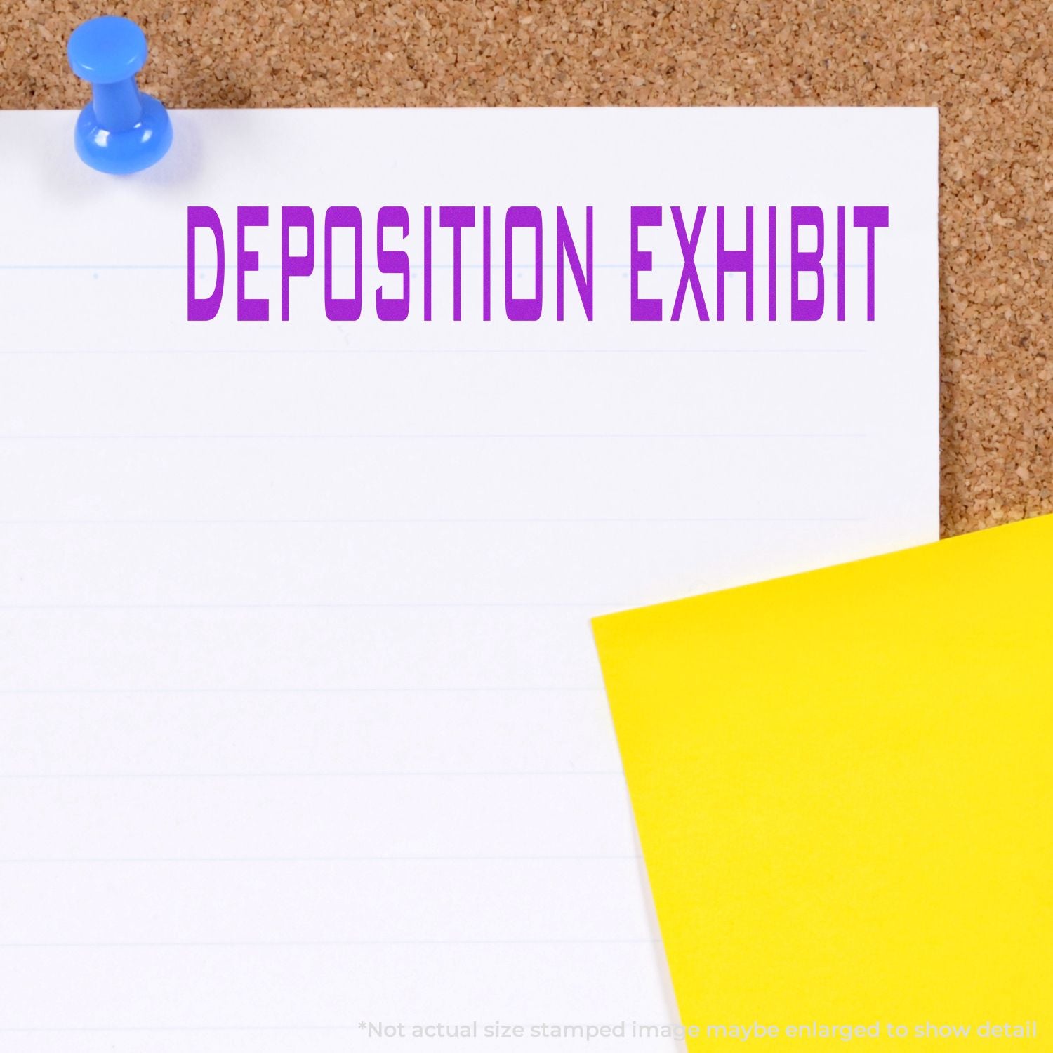 Deposition exhibit document pinned to corkboard with blue pushpin and yellow sticky note.