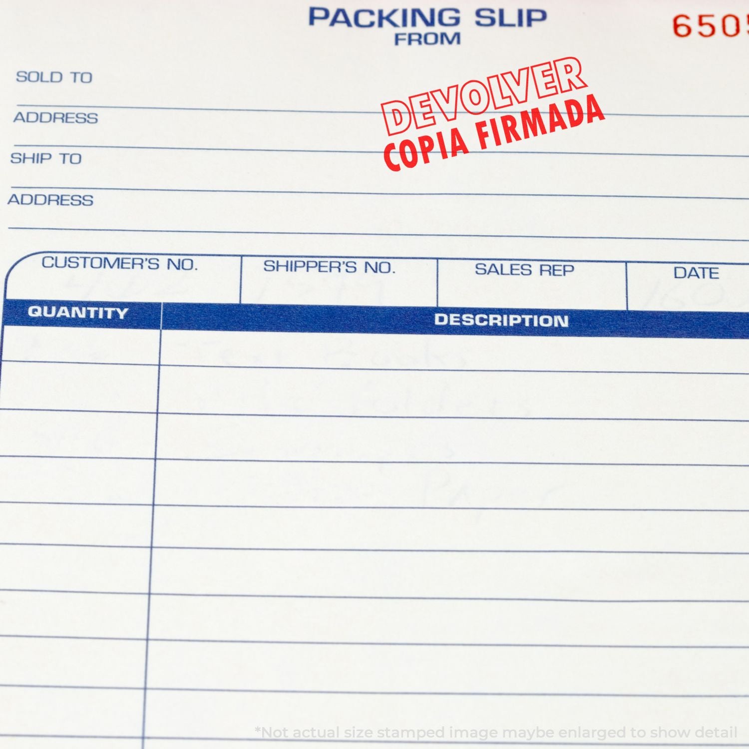 Packing slip form with Devolver copia firmada stamp, prompting return of signed copy for shipping and sales records.