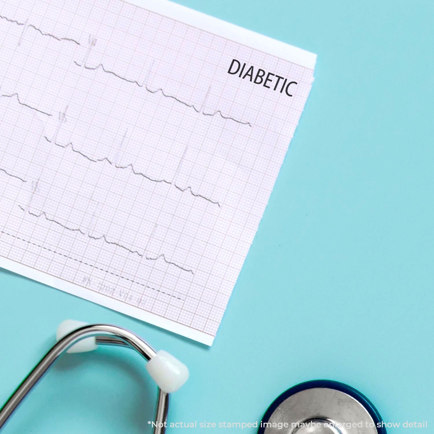 Diabetic ECG heart-monitor strip labeled DIABETIC with stethoscope, showing diabetes-related cardiovascular medical health monitoring.