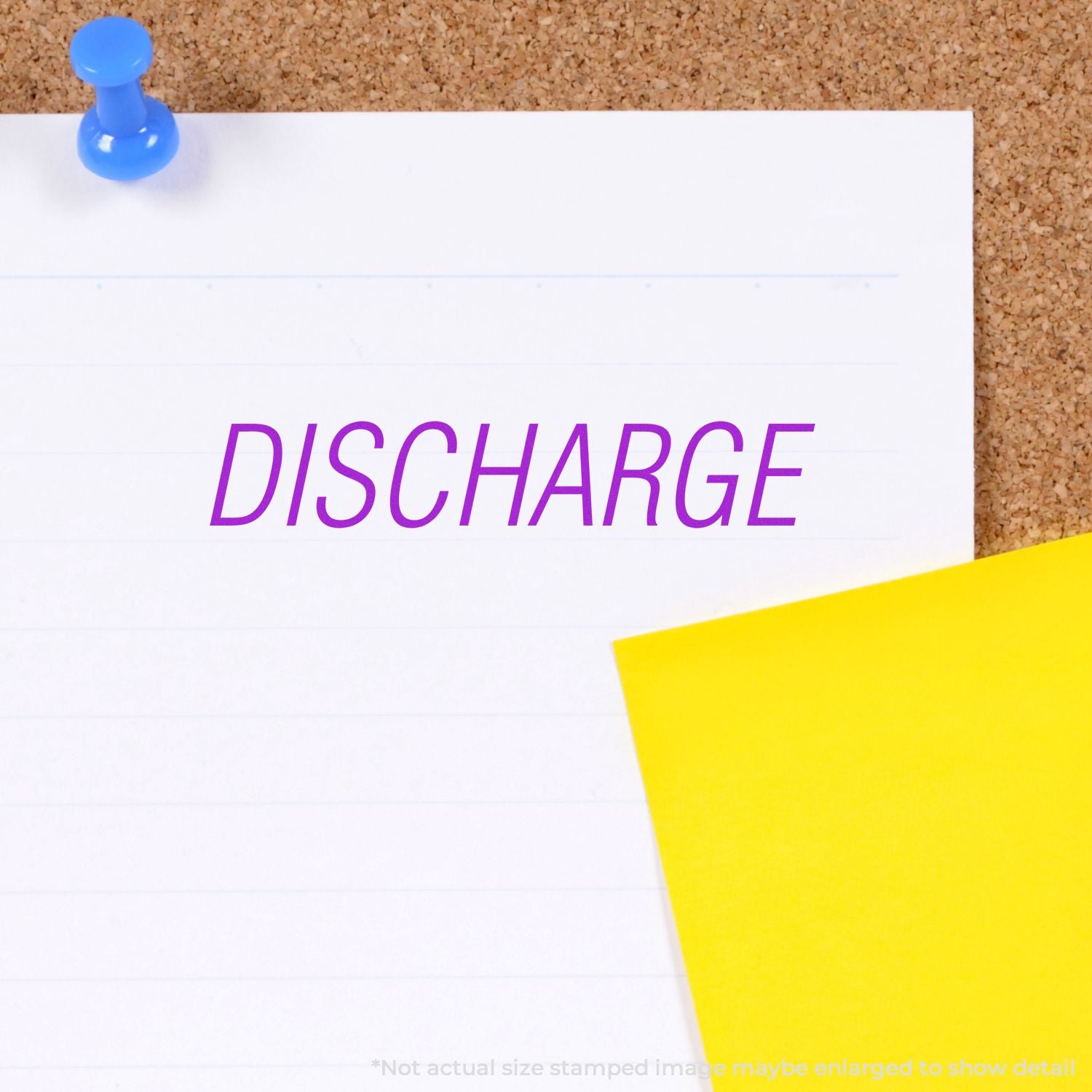 Pinned DISCHARGE notice on a corkboard with colored papersuseful for sharing release or cancellation information.