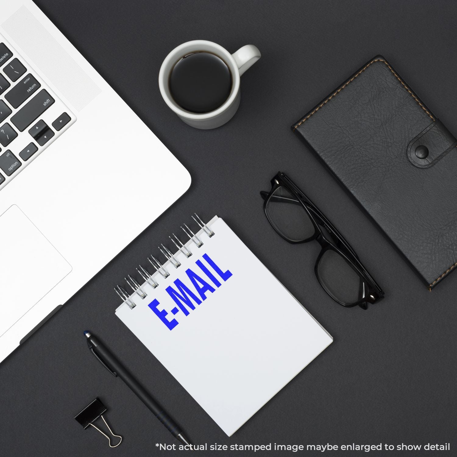Desk flat lay with EMAIL notebook, coffee and office suppliesprofessional email communication and marketing workspace.