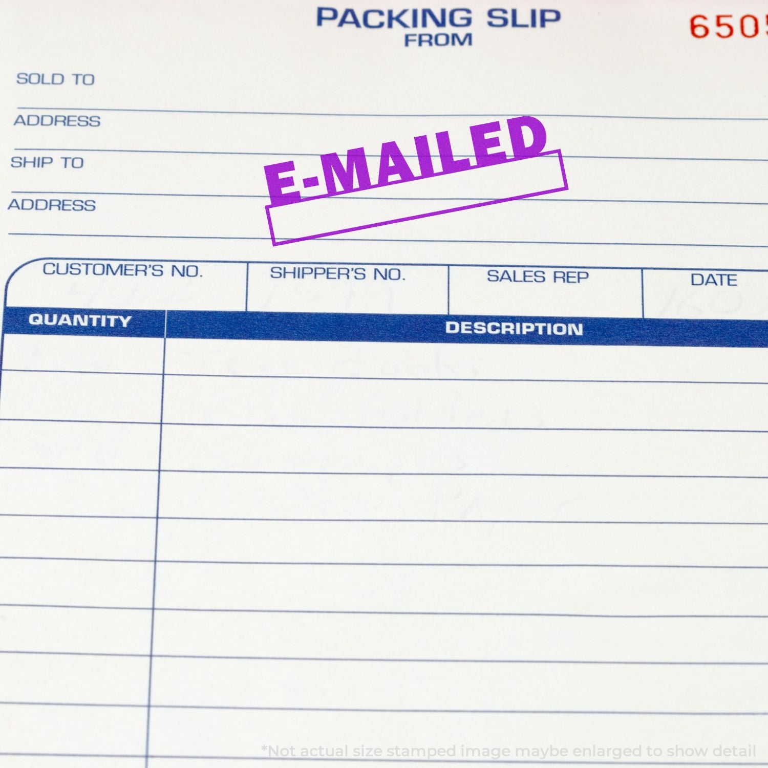 E-mailed packing slip form with order details, shipping fields, and quantity description table for business invoicing and shipping records.