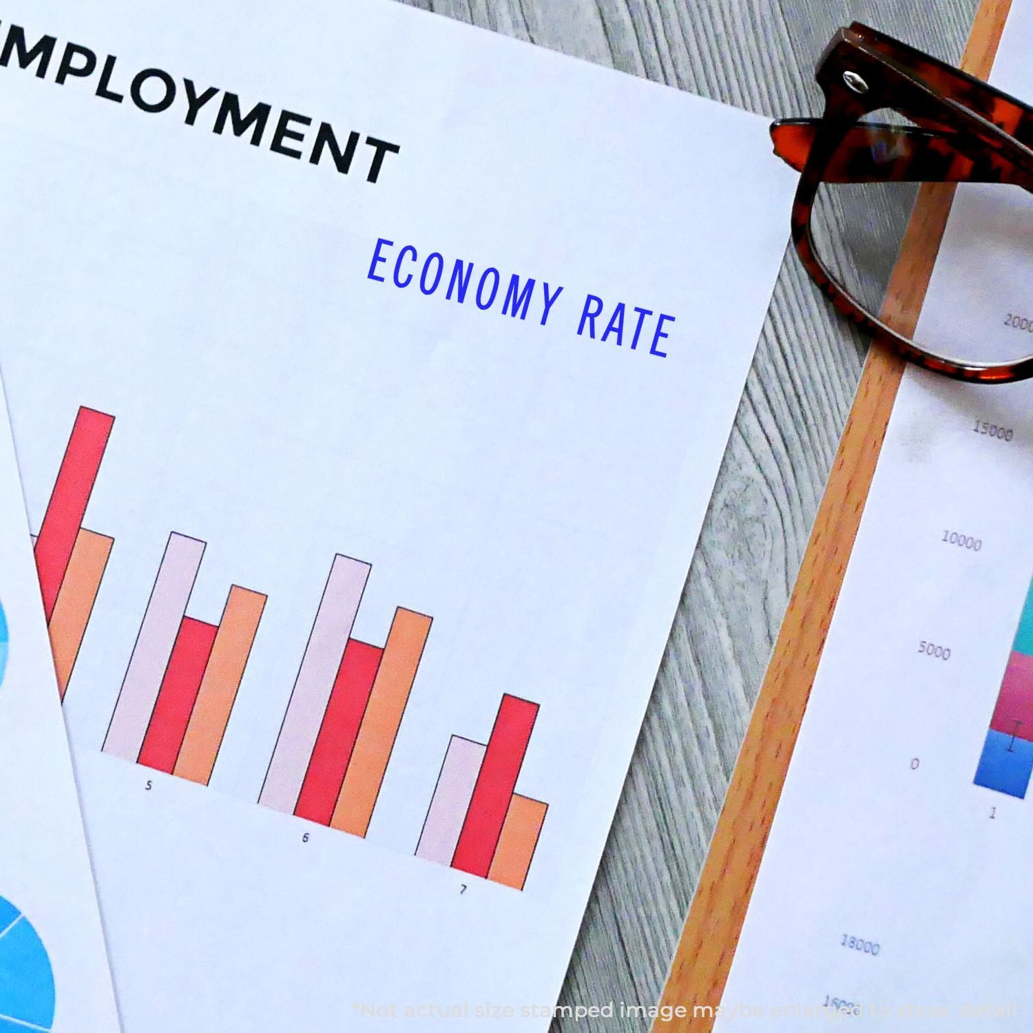 Employment economy rate report page with bar chart and magnifying glass, illustrating economic performance analysis and statistics.