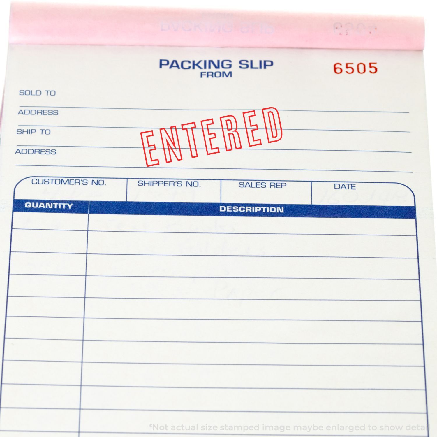 Stamped Entered packing slip form used for shipping documentation and order recordkeeping, showing address and order fields.