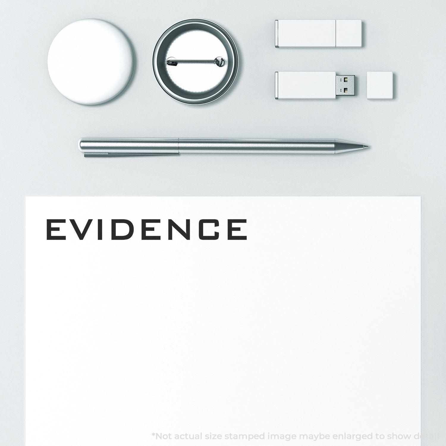 Concept image showing evidence theme with magnifying glass, pushpin, USB drives and documents labeled EVIDENCE for investigation case.