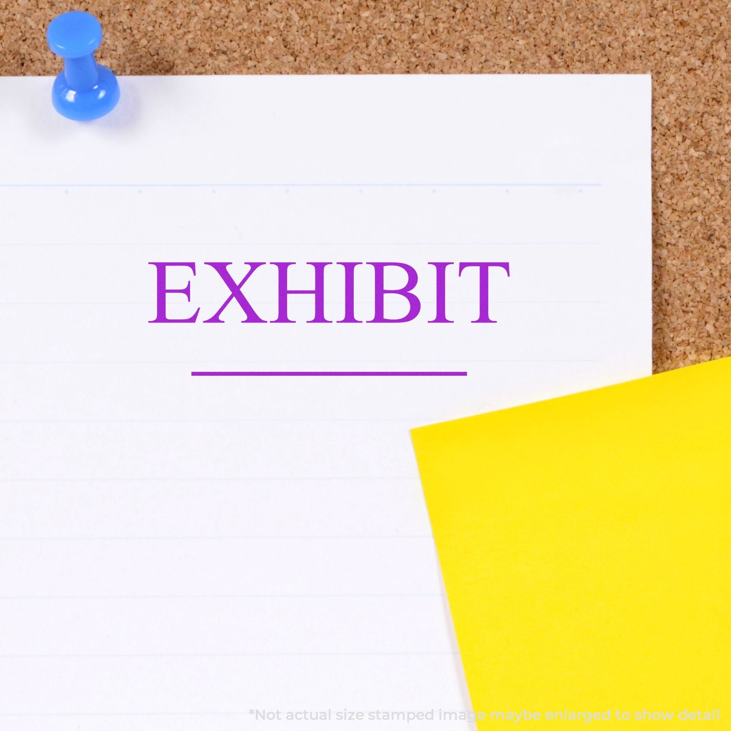 Corkboard display with blue pushpin holding white card labeled EXHIBIT, ideal for showcasing presentations or exhibit announcements.