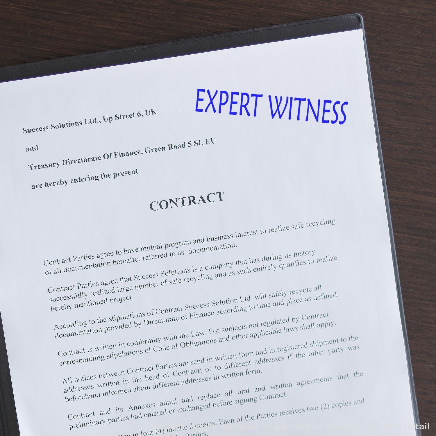 Expert witness contract document showing EXPERT WITNESS and CONTRACT headings for a legal agreement on paper.