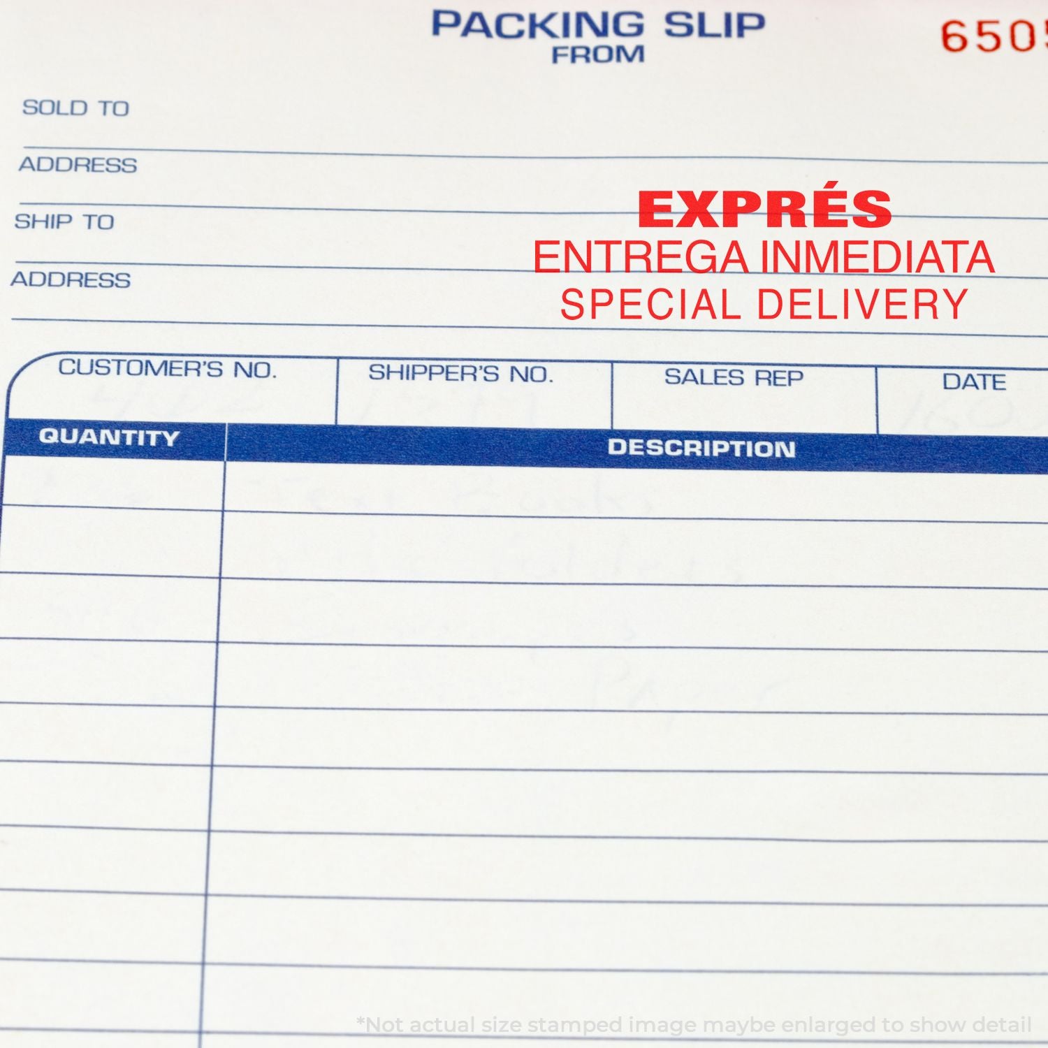 Shipping packing slip template showing Express delivery confirmation and special immediate delivery service fields for order processing.